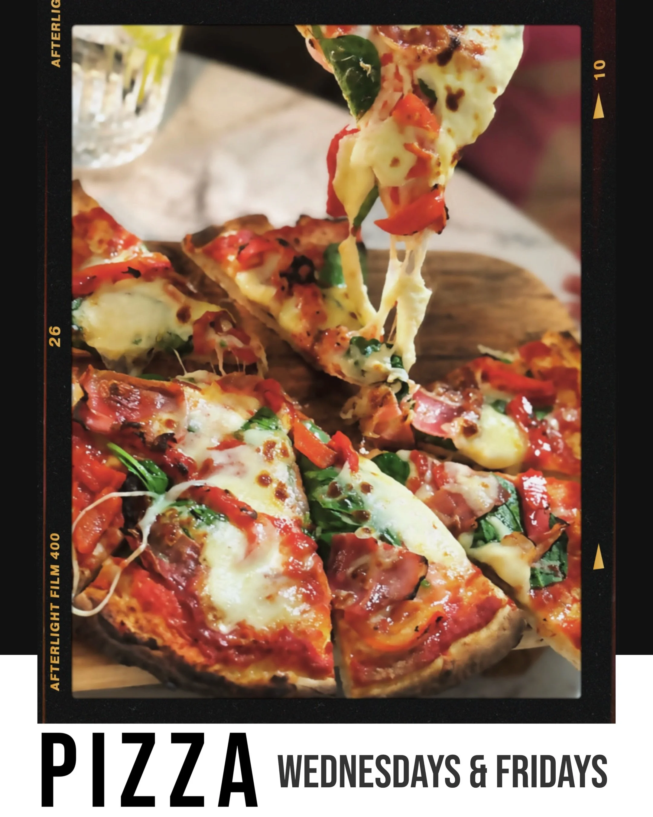 We are so excited to serve you these tasty pizzas Wednesday &amp; Friday lunchtime🍕+ Friday nights when the bar is open🍸

Add glass of wine to make it a combo🍷💋
