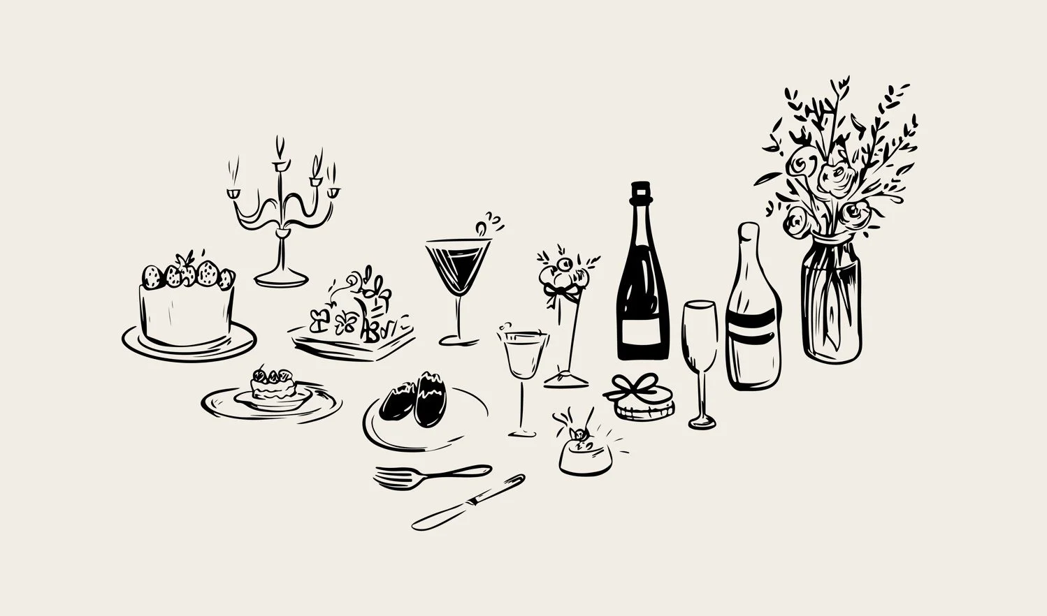 Line drawing of a celebration table with a cake, candles, drinks, flowers, and festivity items.