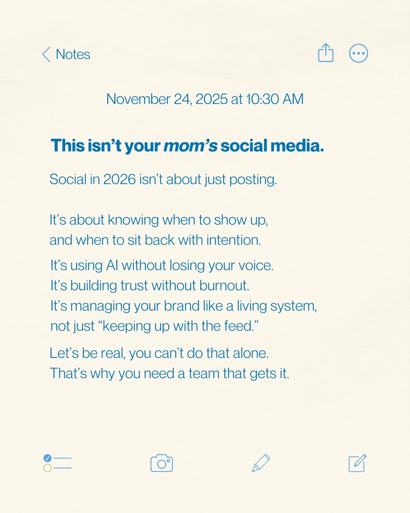 This isn&rsquo;t your mom&rsquo;s social media. 
👇

Social in 2026 means:
&ndash; Showing up with intention 
&ndash; Using AI without losing your voice 
&ndash; Building trust without burnout 
&ndash; Managing content like an ecosystem, not a feed

