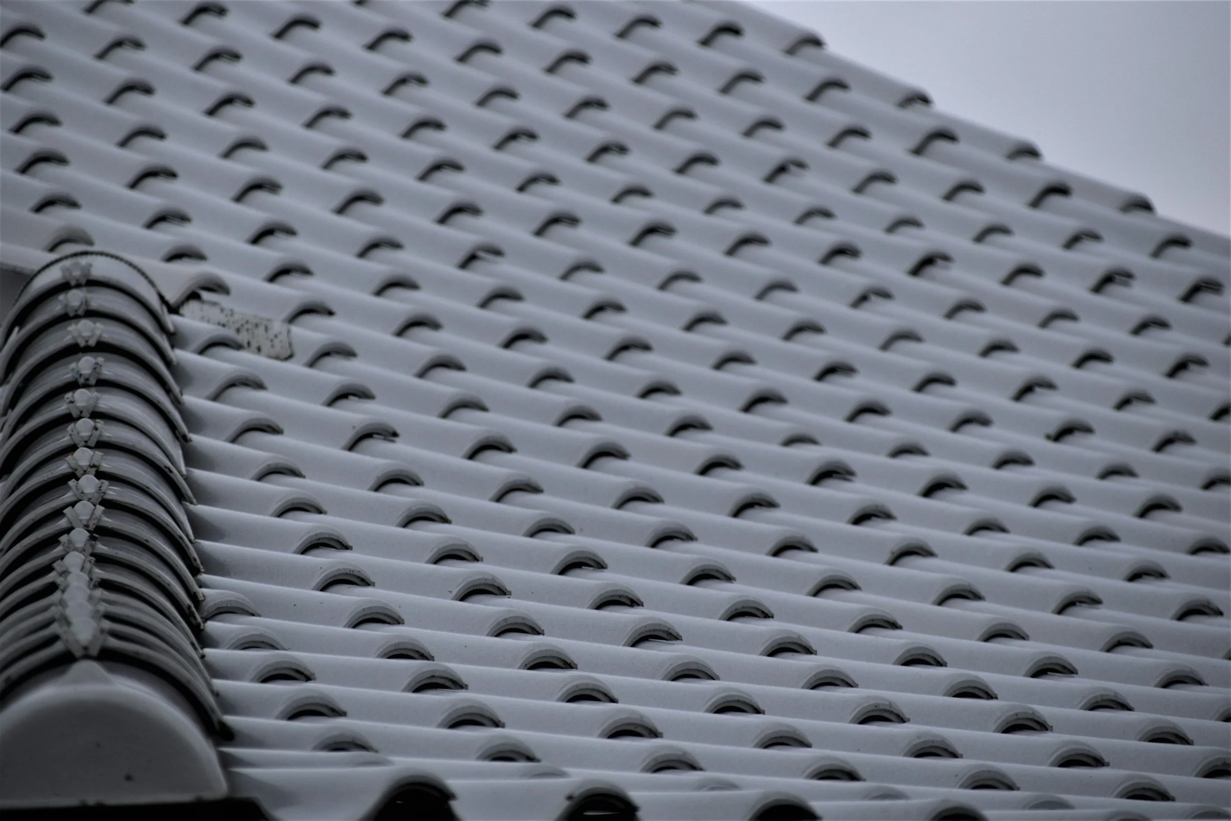Close-up of a grey tiled roof with curved tiles arranged in neat overlapping rows.