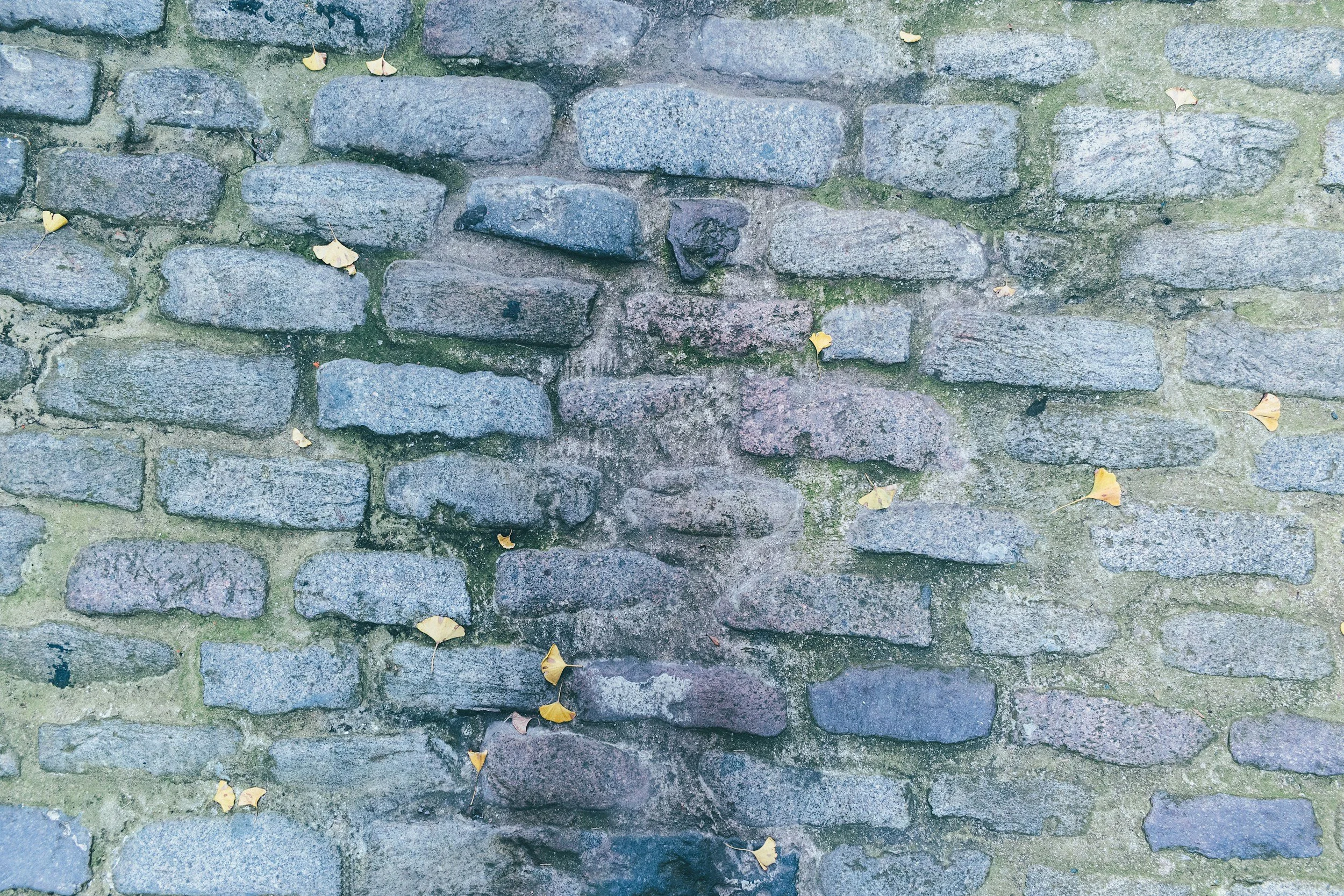 Close-up of a weathered cobblestone wall with scattered small fallen yellow leaves.