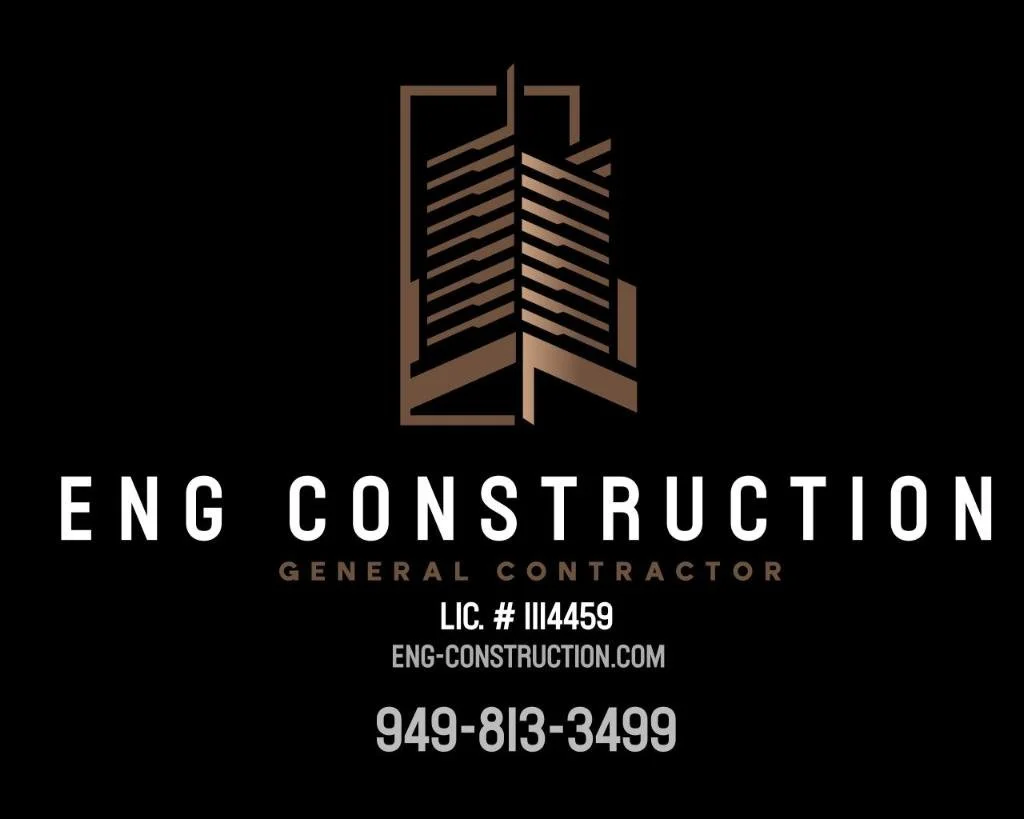 Logo for ENG Construction, a general contracting company, with a stylized high-rise building graphic, contact phone number, website URL, and license number on a black background.