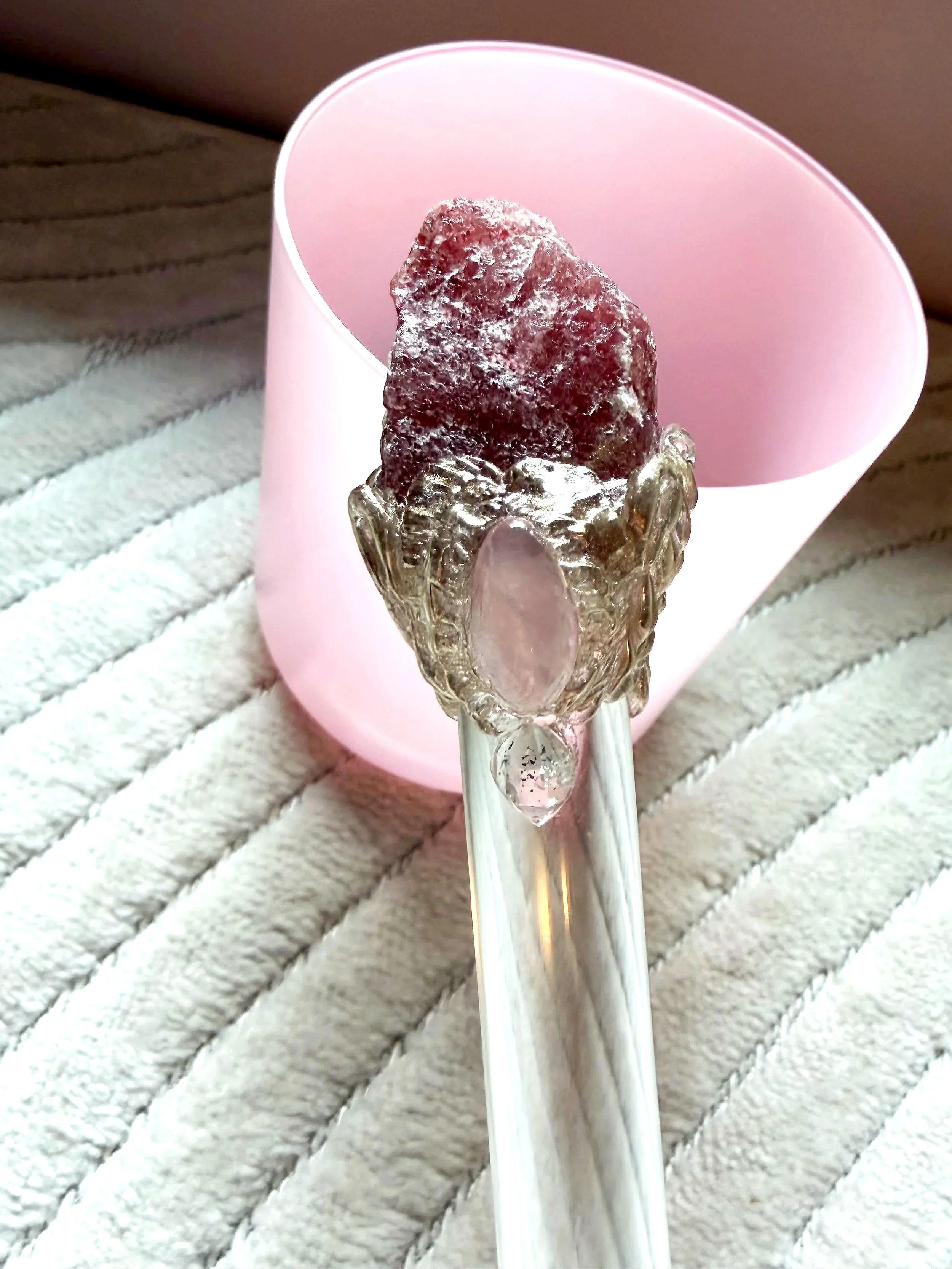 Strawberry Light Alchemy Wand – Raw Strawberry Quartz with Rose Quartz & Herkimer Diamond