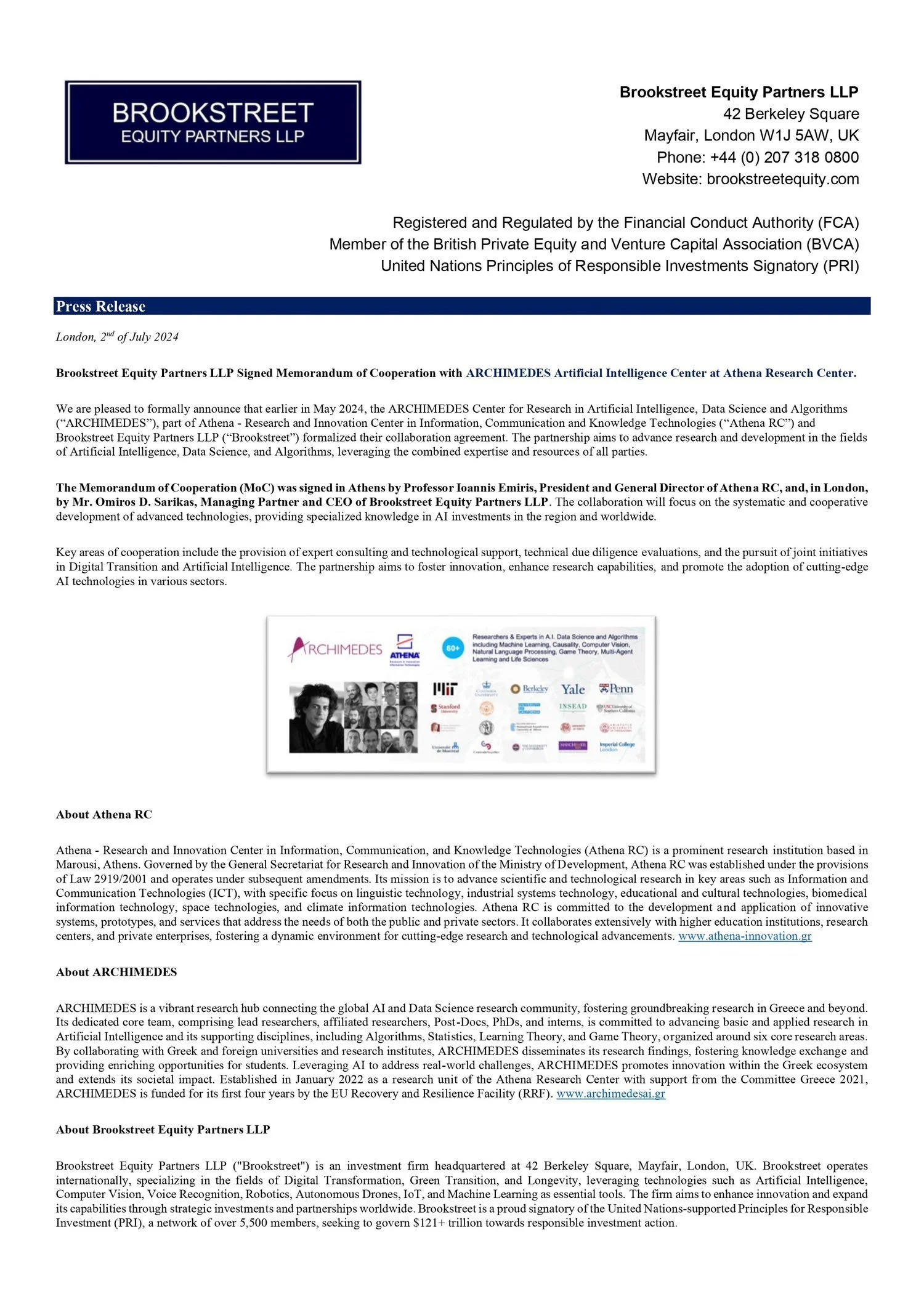 Brookstreet PR: Archimedes AI Center of Athena RC
