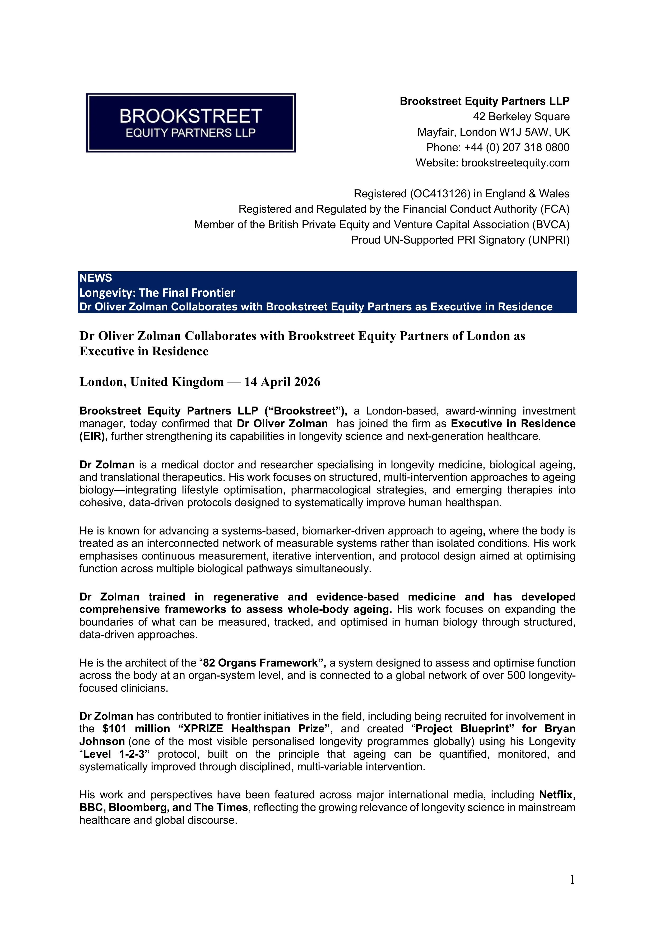 Dr Oliver Zolman Collaborates with Brookstreet Equity Partners as Executive in Residence