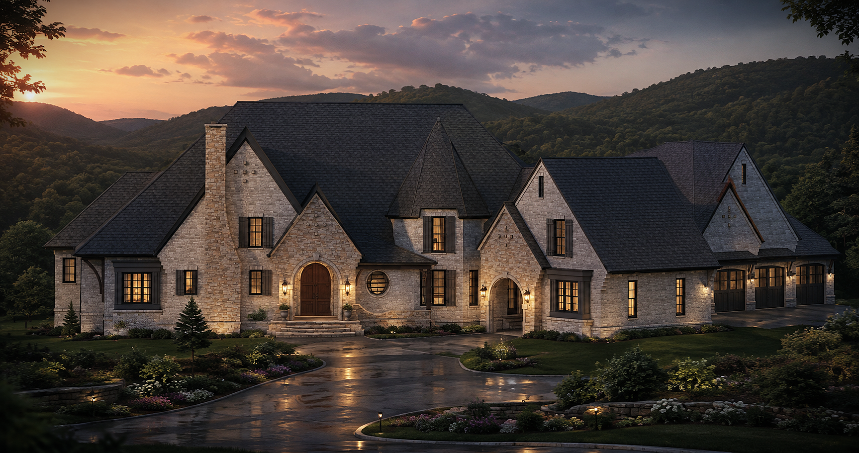 A large, elegant house with stone exterior and multiple gabled roofs at sunset, surrounded by well-maintained gardens and trees.