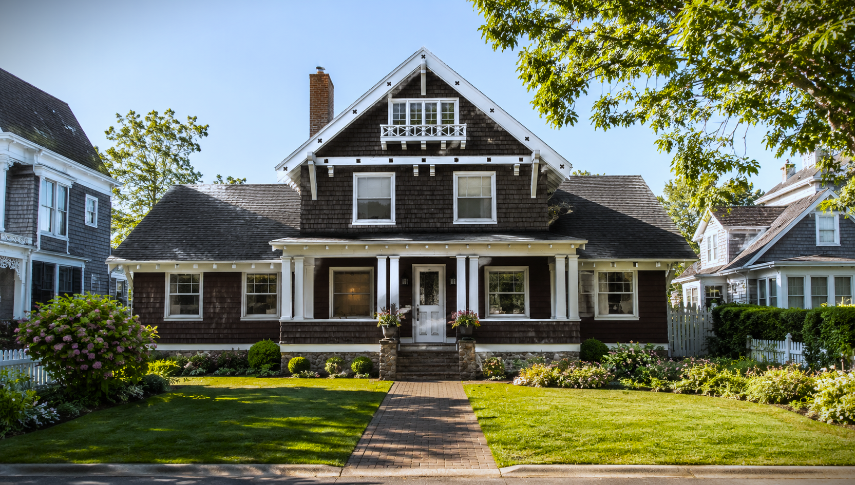 A large, two-story house with dark brown shingles, white trim, and a front porch surrounded by neatly maintained green lawn and flower beds. The house has a steep gabled roof with decorative white brackets and a small balcony above the porch. There are trees and neighboring houses nearby in a residential neighborhood.