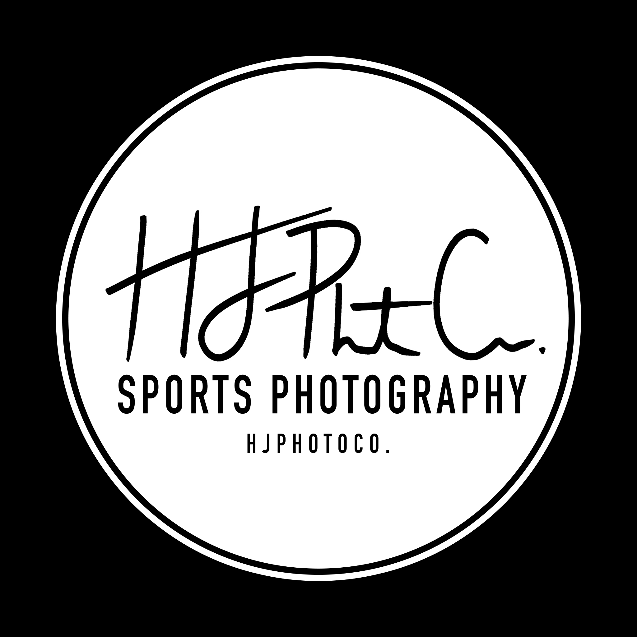 Black and white circular logo with handwritten style text that reads "HJP" and "SPORTS PHOTOGRAPHY" with "HJPHTCO" at the bottom.