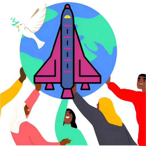 Illustration of diverse people holding a globe with a spaceship and dove