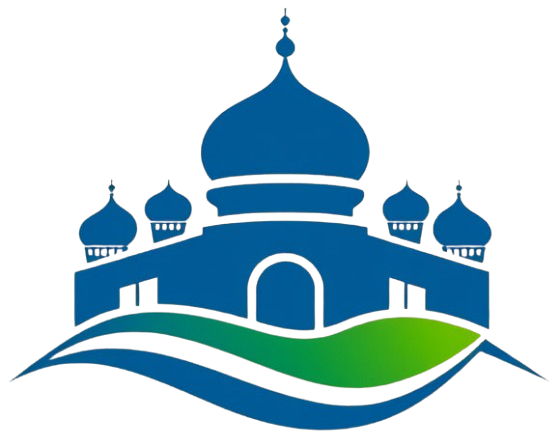 Stylized mosque illustration with blue domes and green-hued waves.