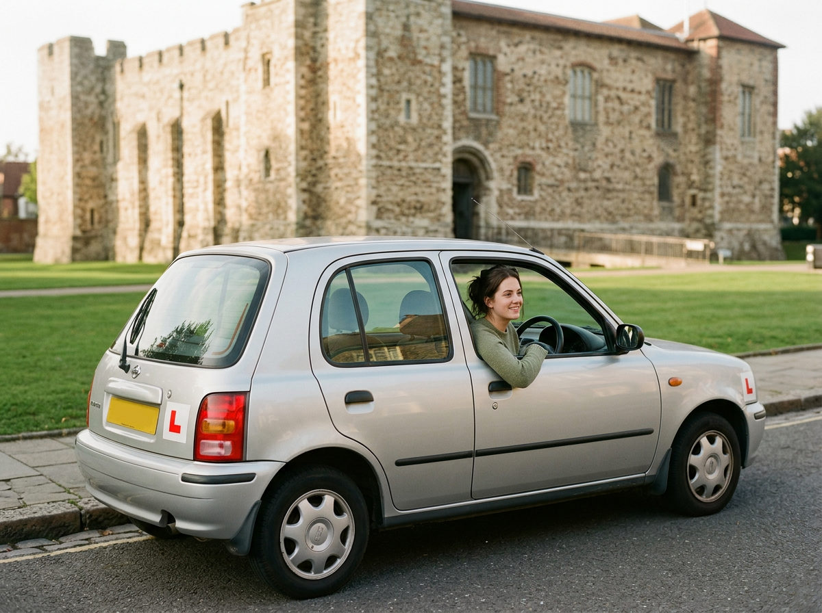 Learner driver's car with L-plates parked in front of Colchester Castle