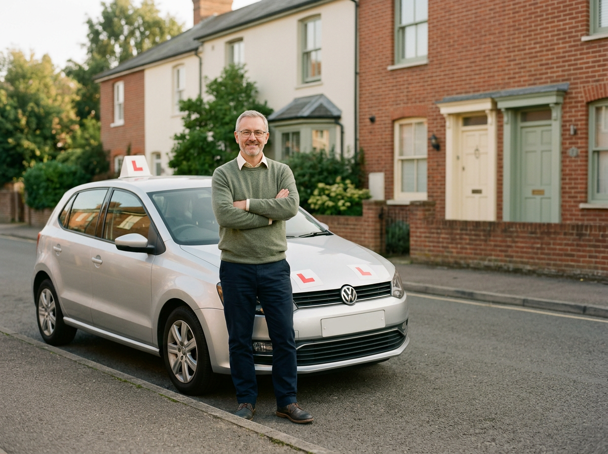 Franchise driving instructor with his branded car