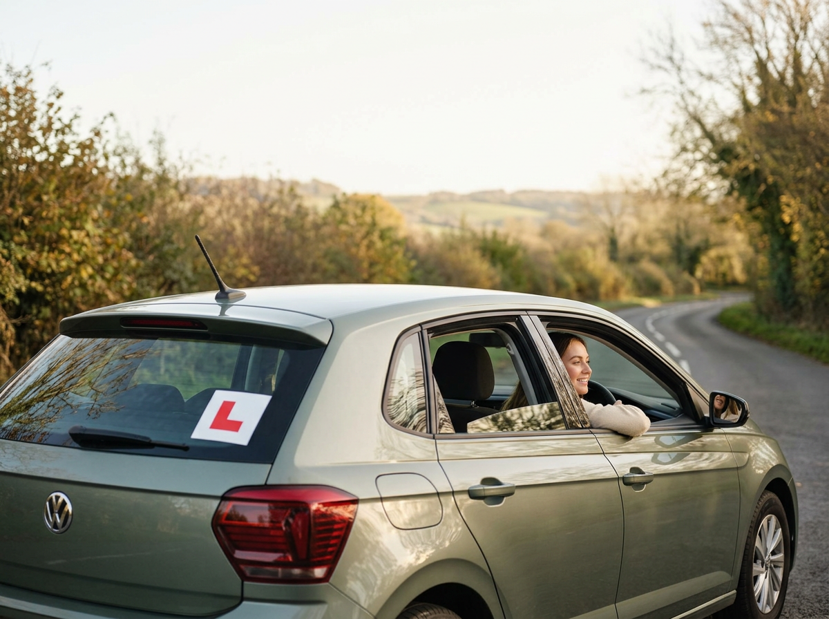 Smiling learner driver in a small right-hand drive hatchback with L-plates
