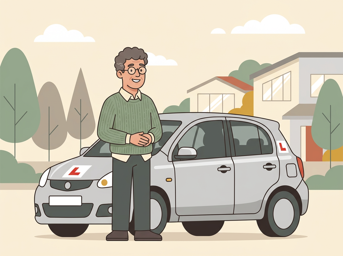 Friendly ColchestIIllustrated cartoon avatar of Chris, a friendly driving instructor, next to a small carnterior view of the small automatic car used for lessonser driving instructor Chris beside his small automatic car