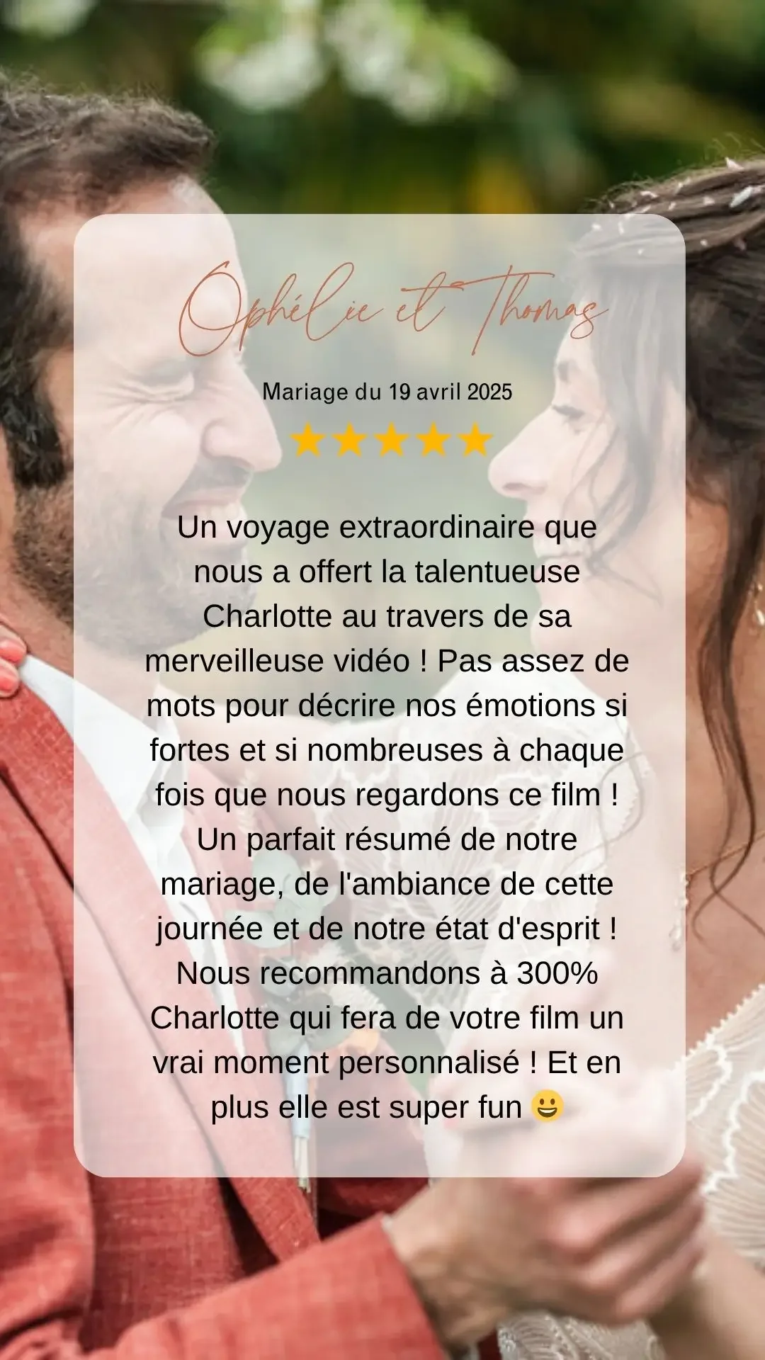 Texte de l'avis google d'Ophélie et Thomas à l'attention de Charlotte vidéaste pour la réalisation de leur film de mariage.