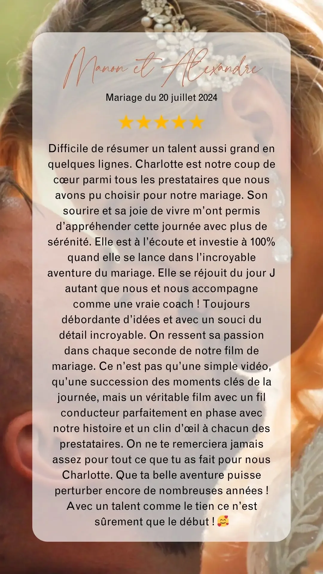 Texte de l'avis google de Manon et Alexandre à l'attention de Charlotte vidéaste pour la réalisation de leur film de mariage.