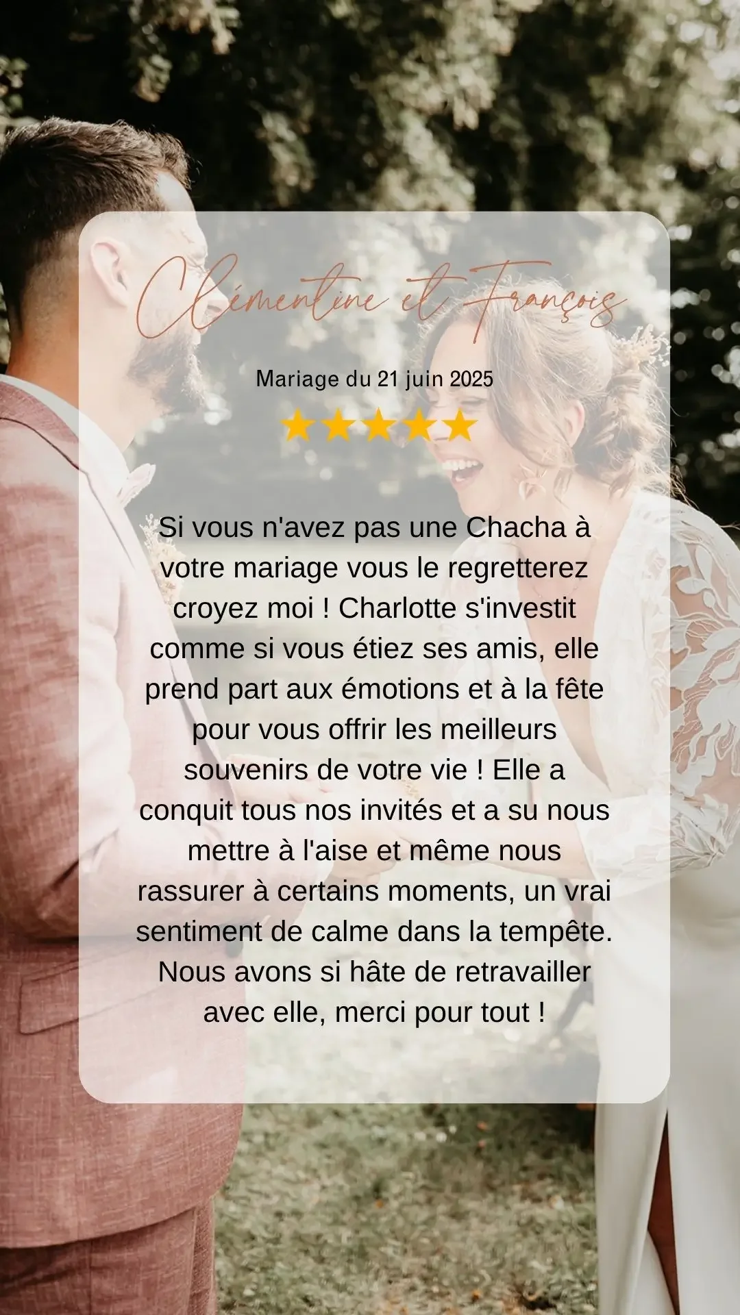 Texte de l'avis google de Clémentine et François à l'attention de Charlotte vidéaste pour la réalisation de leur film de mariage.