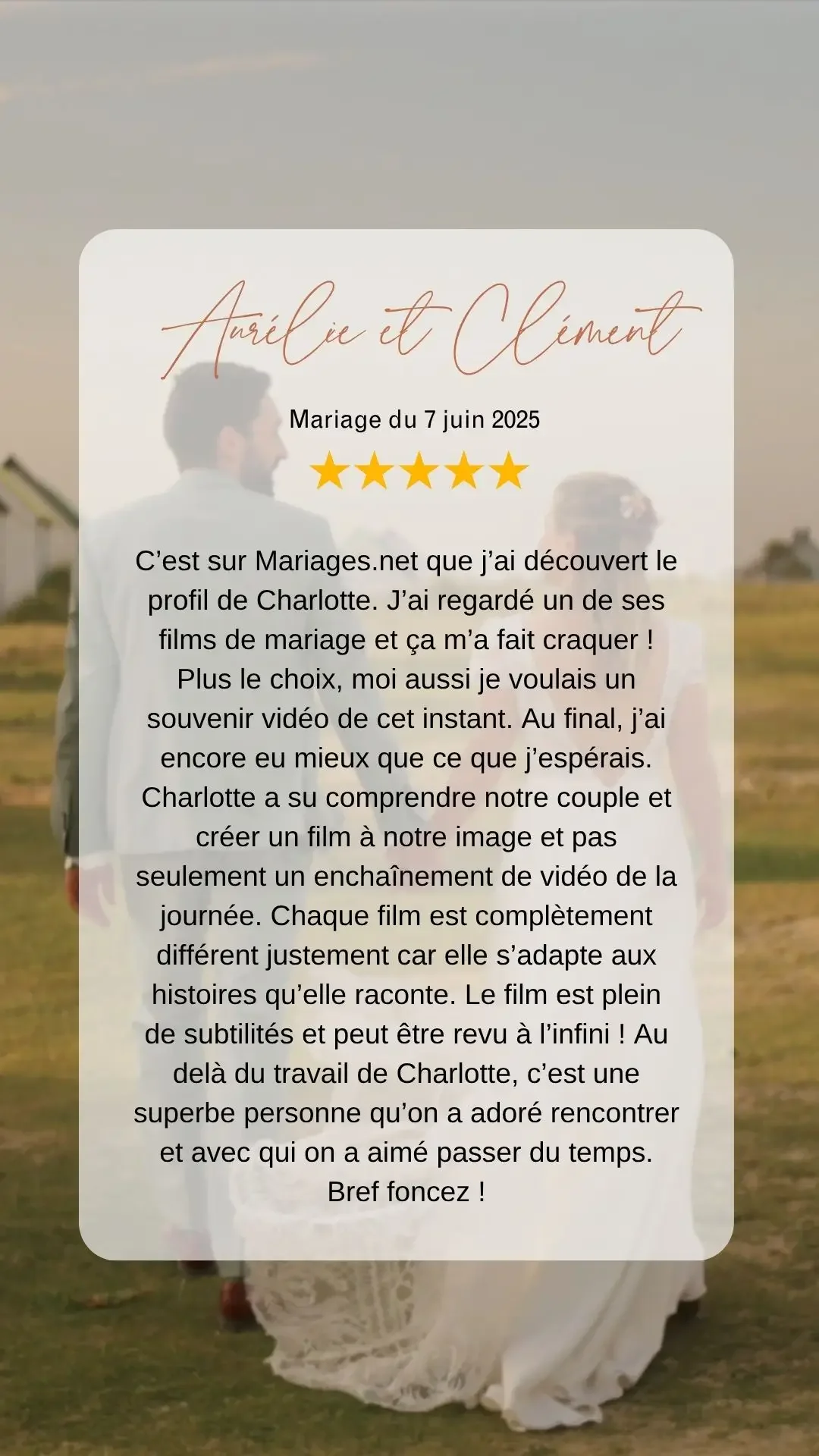 Texte de l'avis google de Aurélie et Clément à l'attention de Charlotte vidéaste pour la réalisation de leur film de mariage.