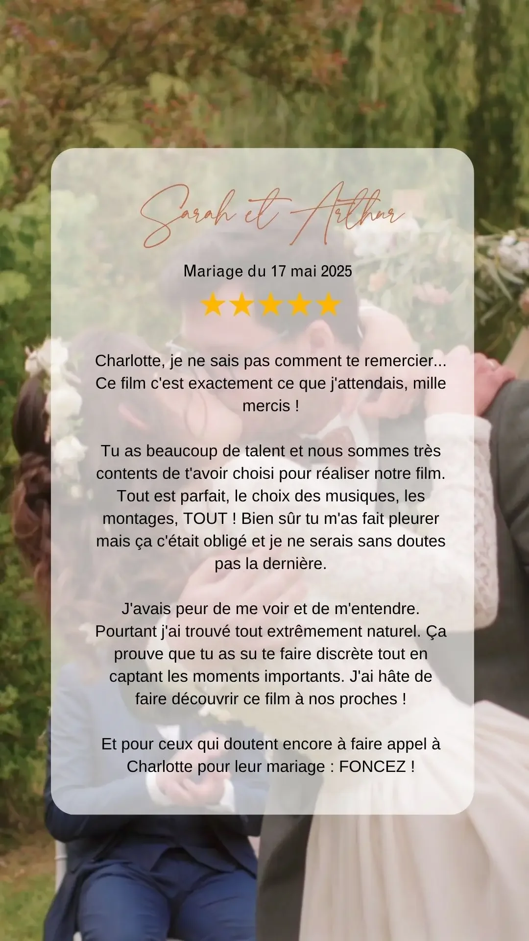 Texte de l'avis google de Sarah et Arthur à l'attention de Charlotte vidéaste pour la réalisation de leur film de mariage.