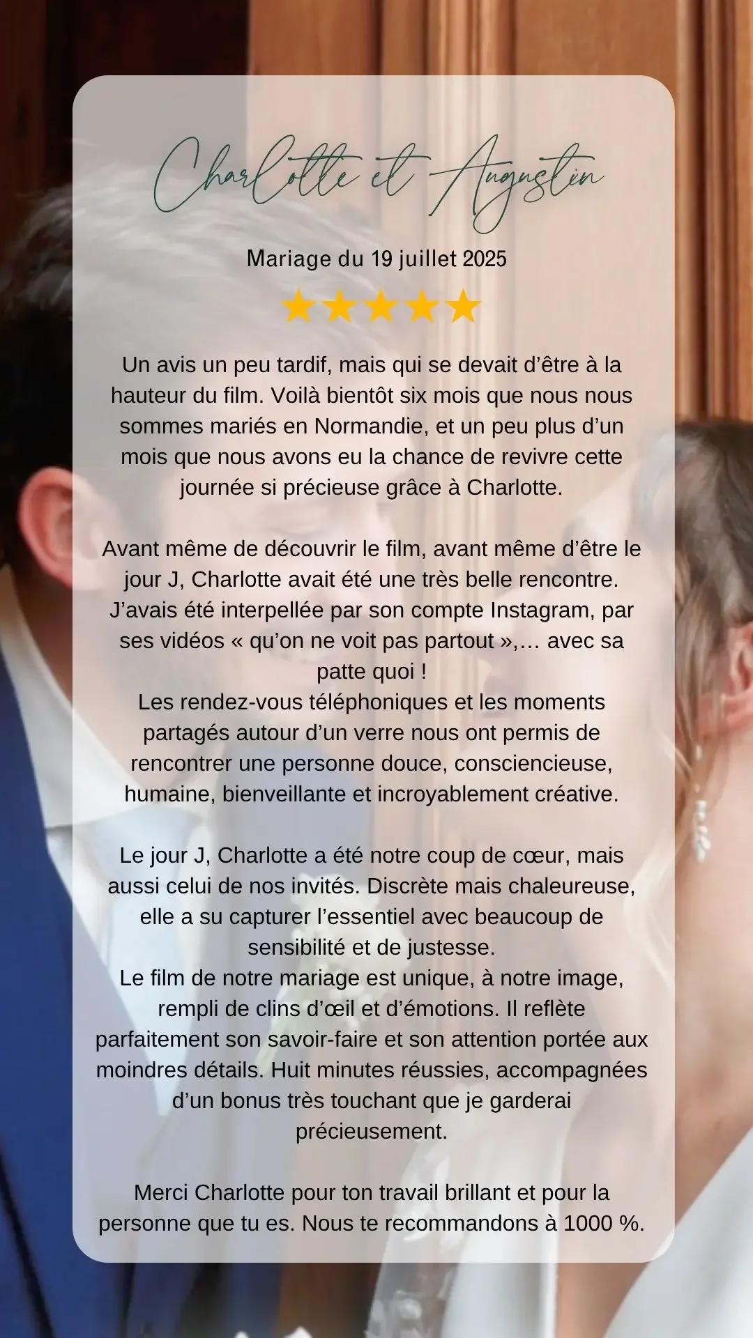Texte de l'avis google de Charlotte et Augustin à l'attention de Charlotte vidéaste pour la réalisation de leur film de mariage.