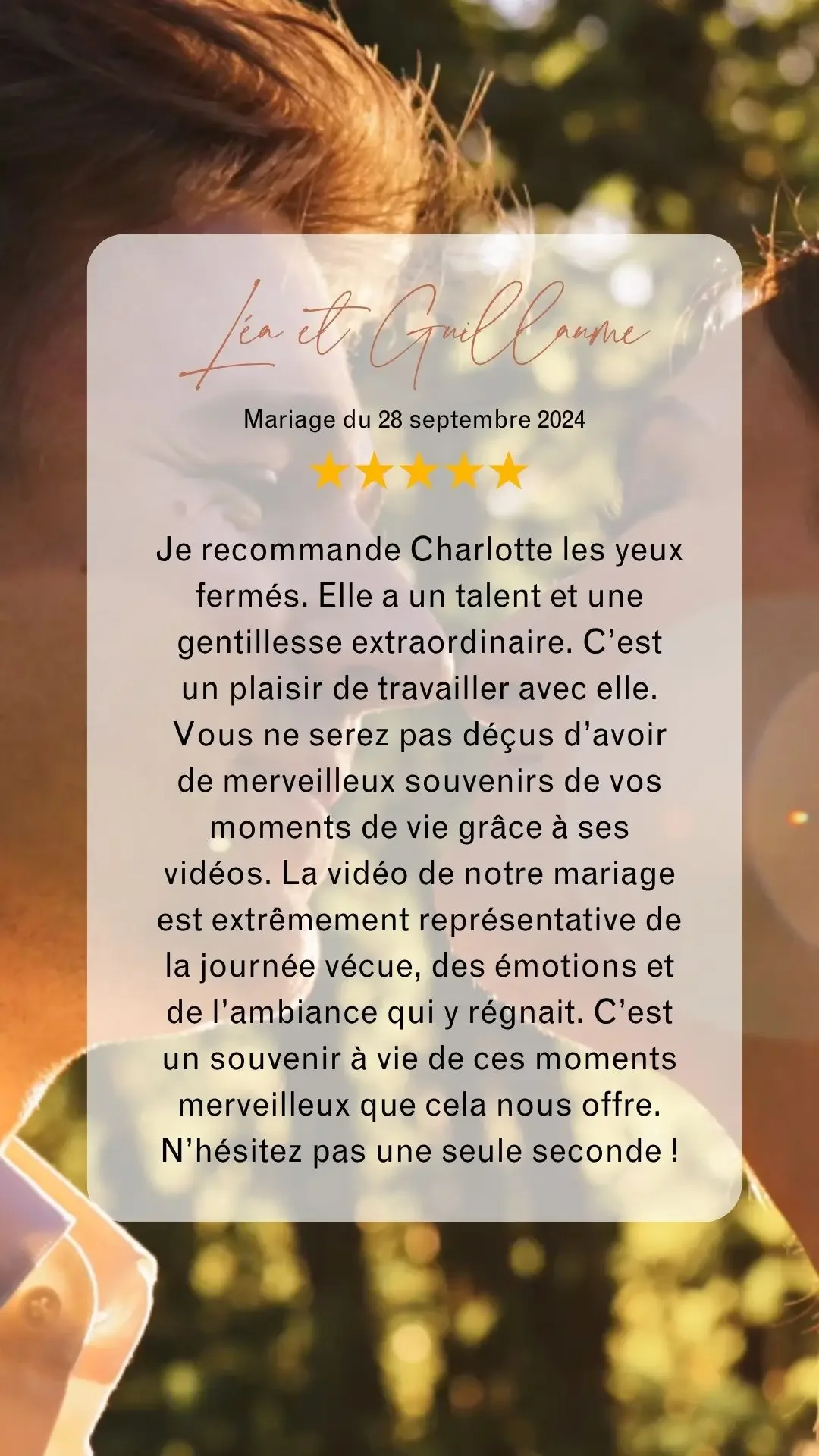 Texte de l'avis google de Léa et Guillaume à l'attention de Charlotte vidéaste pour la réalisation de leur film de mariage