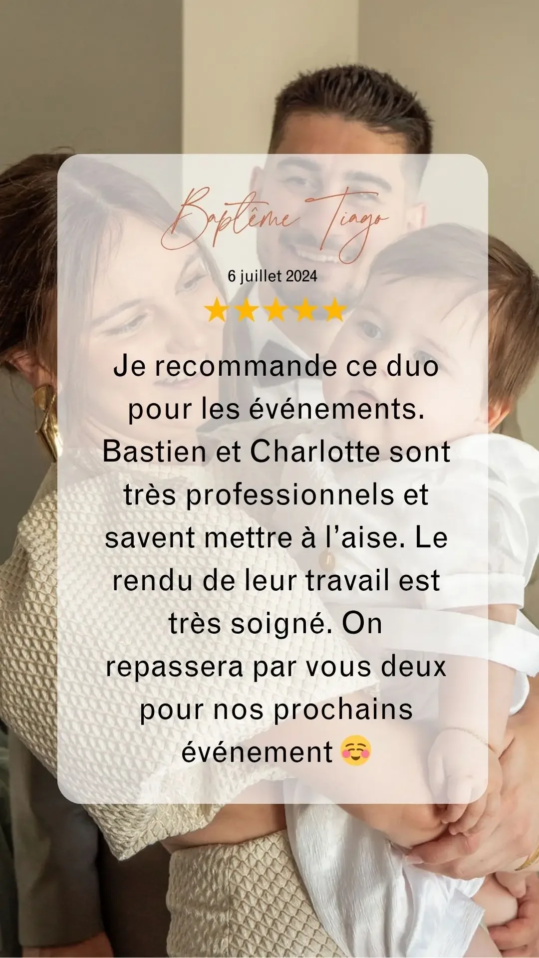 Texte de l'avis google à l'attention de Charlotte vidéaste pour la réalisation du film du baptême de Tiago.