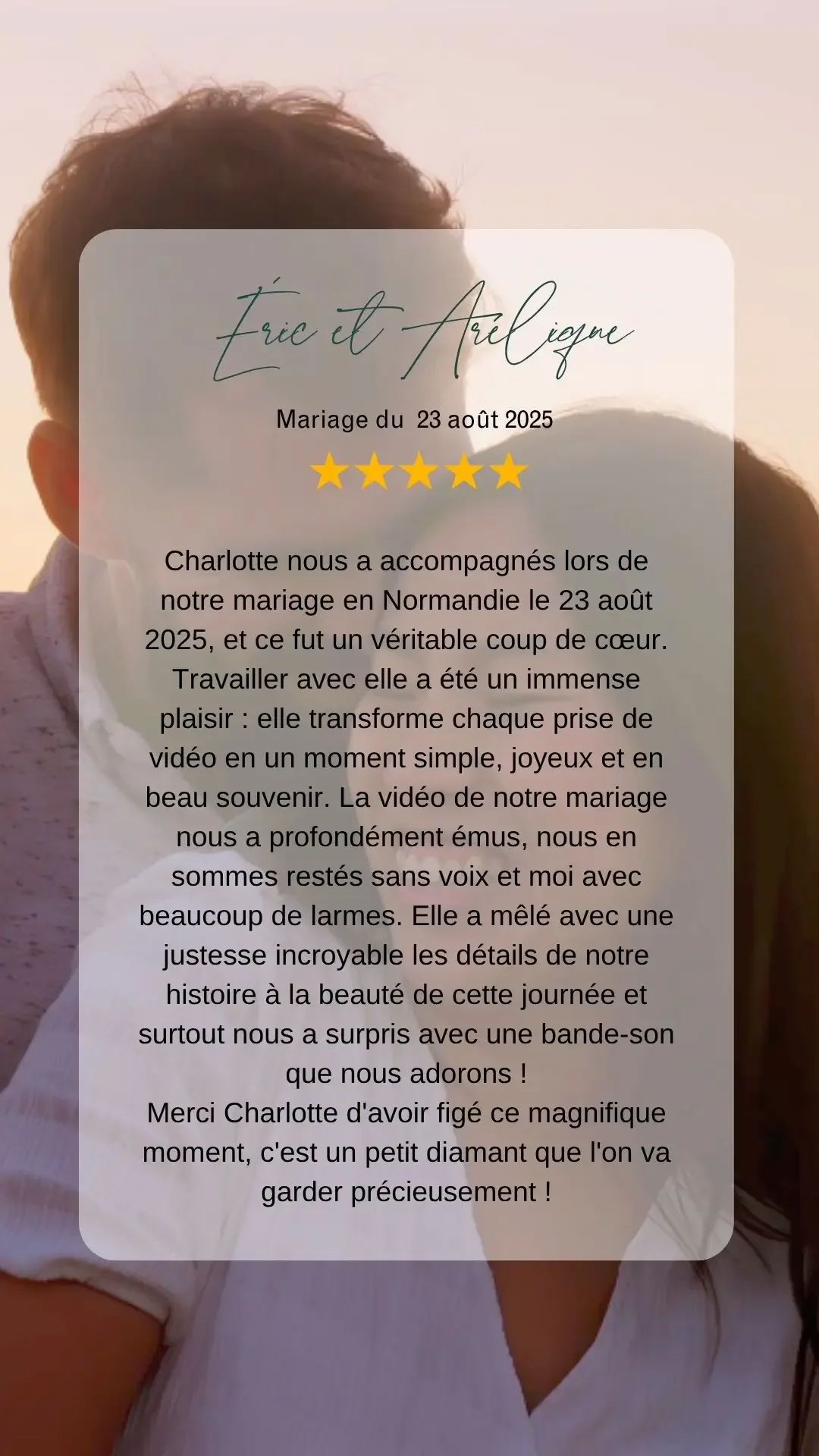 Texte de l'avis google d'Éric et Arélique à l'attention de Charlotte vidéaste pour la réalisation de leur film de mariage.