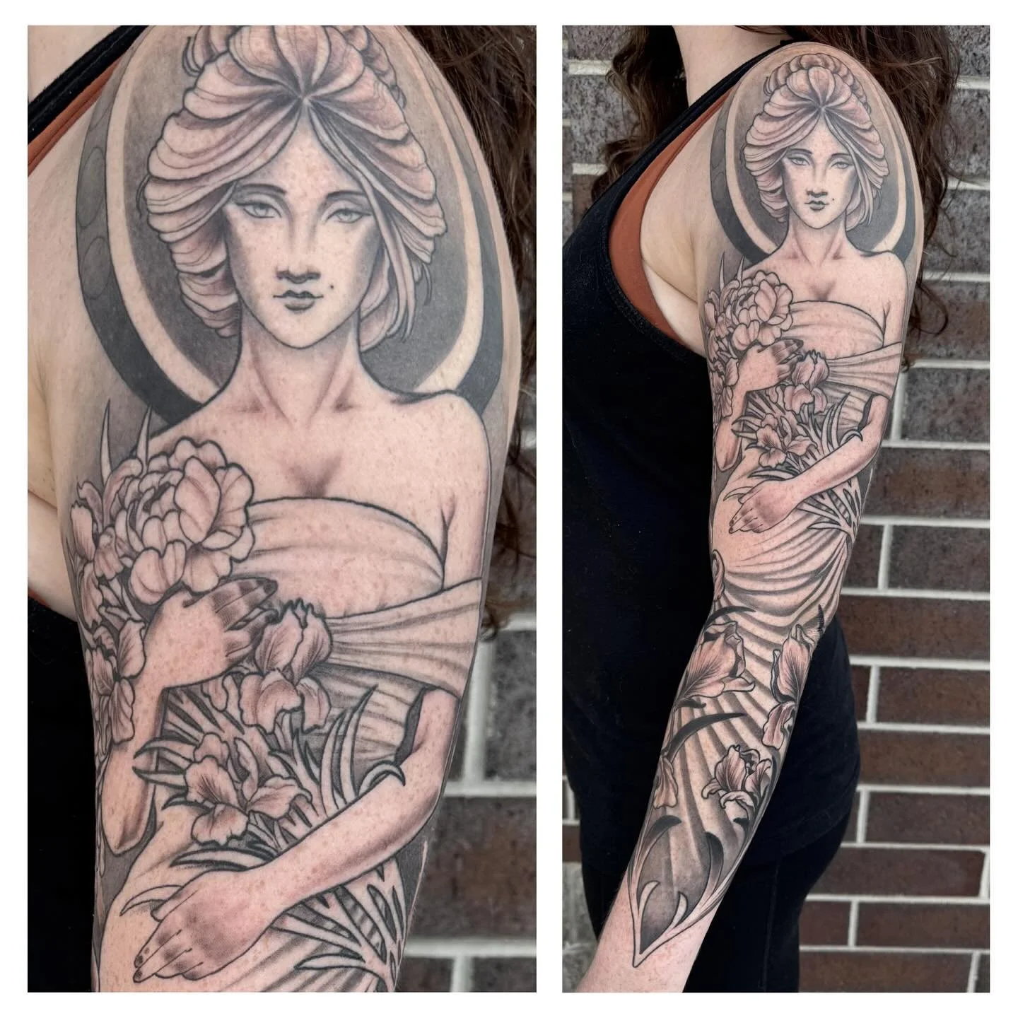 Beautiful mucha inspired sleeve &hearts;️ photos from our last session, swipe to see the healed video and photo from client &hearts;️ .
.
.
.
.
.
.
.
.
. 
.
. #healed #fresh #alphonsemucha #florals #artnouveau #iowacity #art #iowa #iowatattooartist #