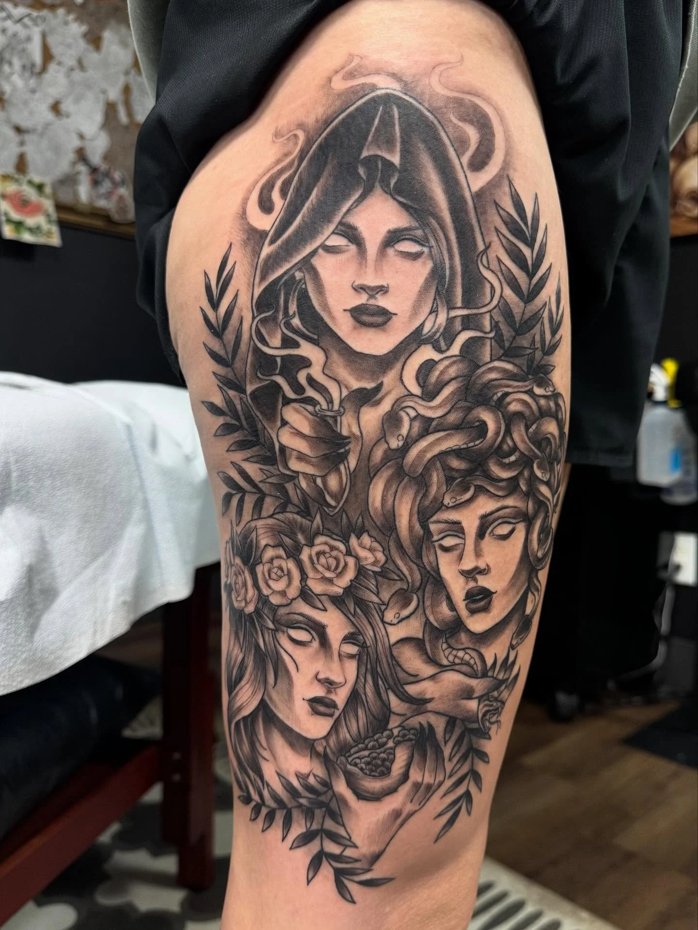 Finished up these powerful ladies the other day &hearts;️ Circe, Persephone, and Medusa &hearts;️ .
.
.
.
.
.
.
.
.
. 
.
. #fresh #greekmythology #medusa #persephone #circe #legtattoo #iowacity #art #iowa #iowatattooartist #iowatattoos #iowaartist #t