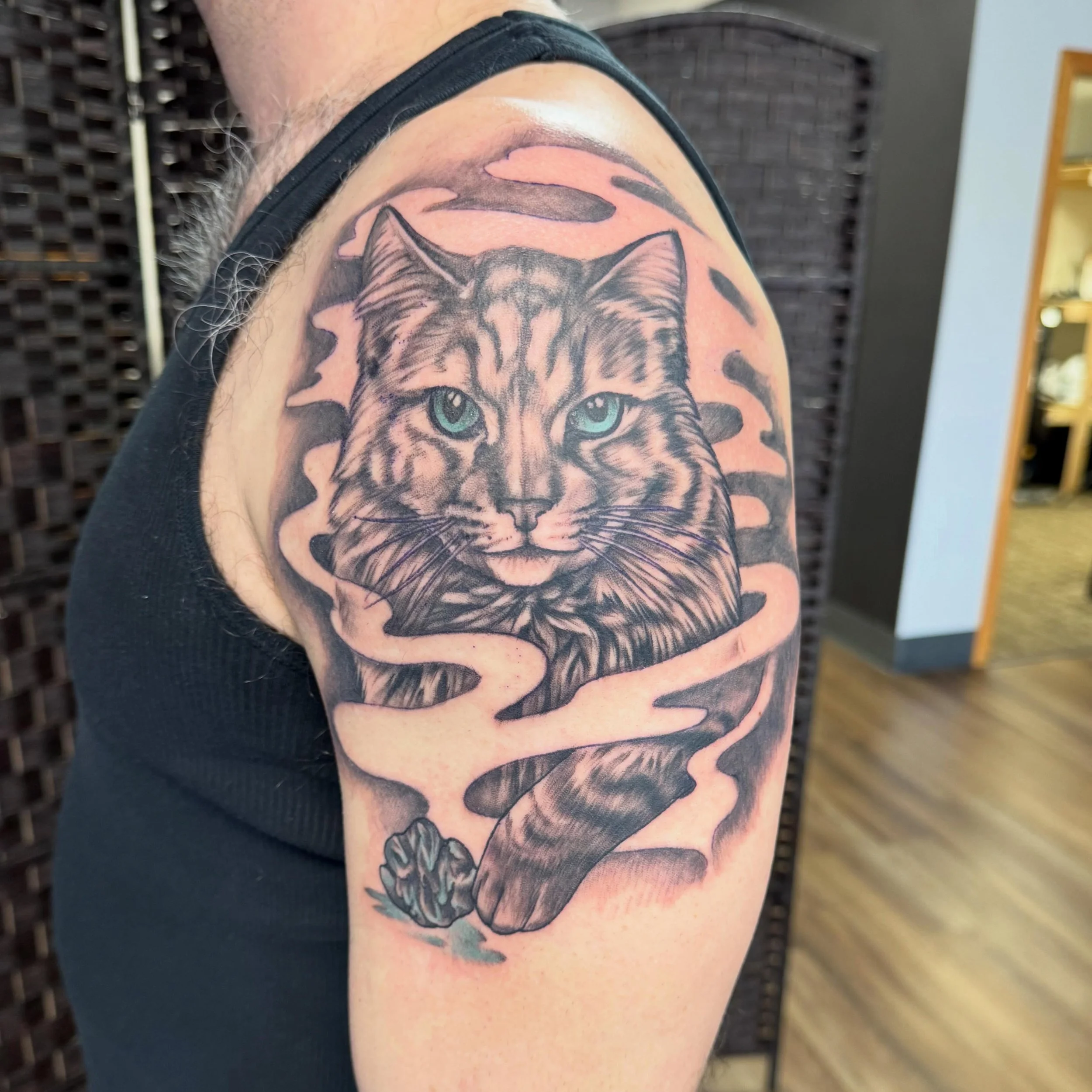 Cute little memorial tattoo of this precious fluffy friend &hearts;️ playing with her favorite tinfoil ball &hearts;️ .
.
.
.
.
.
.
.
.
. 
. #iowacity #tattoos #iowacitytattoos #tattooartist #iowatattooartist