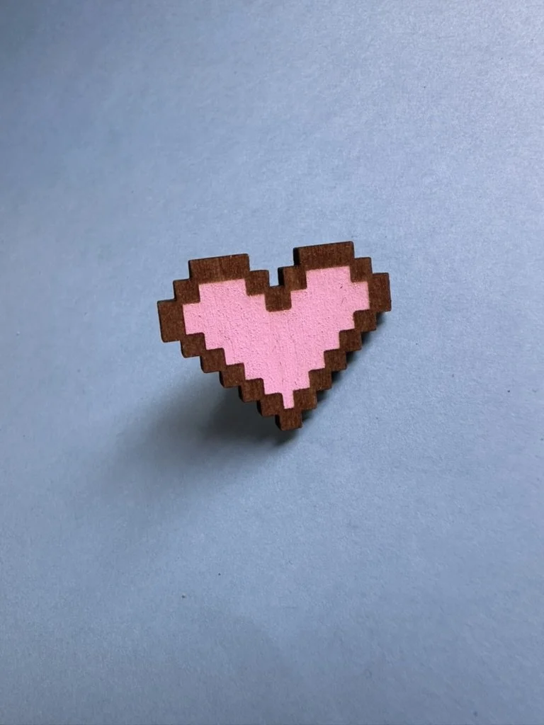 Pink Pixel Heart - Handmade Wooden Pin