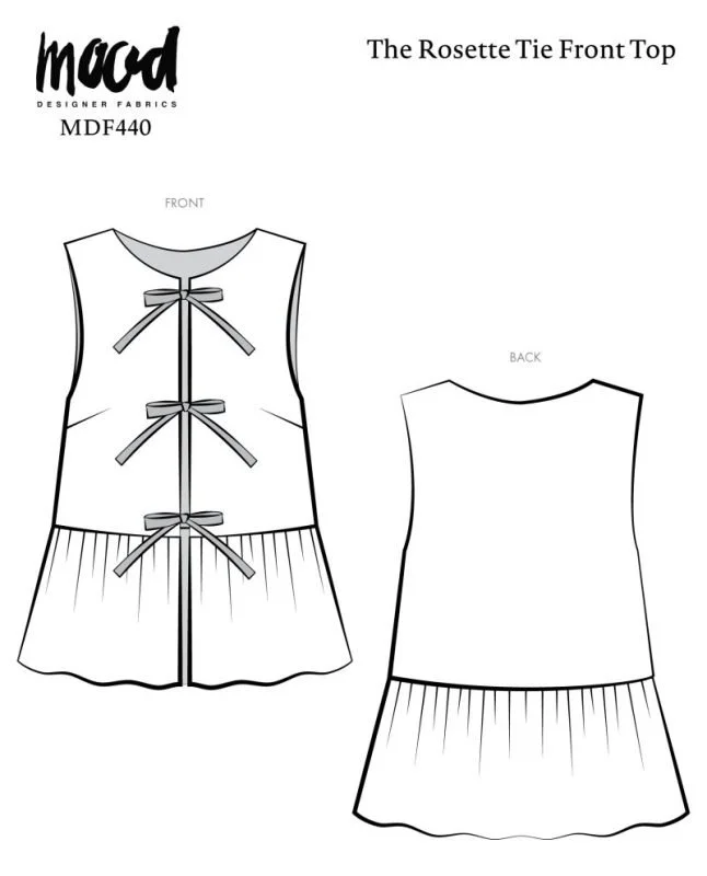A black and white line drawing depicting a sleeveless blouse with three bow closures down the front.