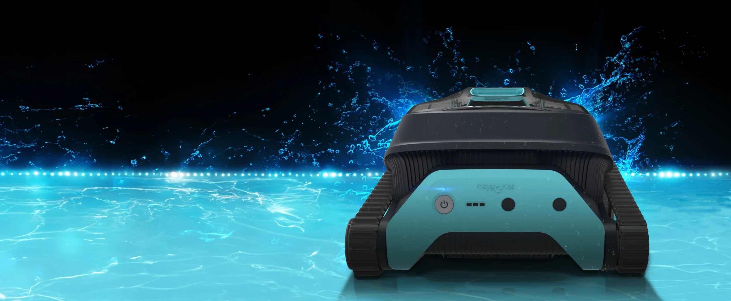 Robot de piscine noir et bleu avec des éclaboussures d'eau en arrière-plan.