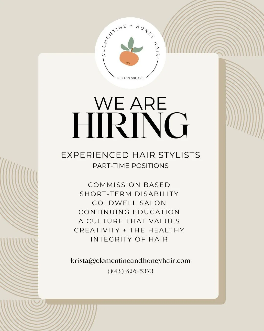 ✨ Now Hiring: Part-Time Experienced Stylists ✨

Clementine + Honey Hair is growing and we&rsquo;re looking for experienced hair stylists to join our team in a part-time, commission-based position. This opportunity is ideal for a stylist who already h