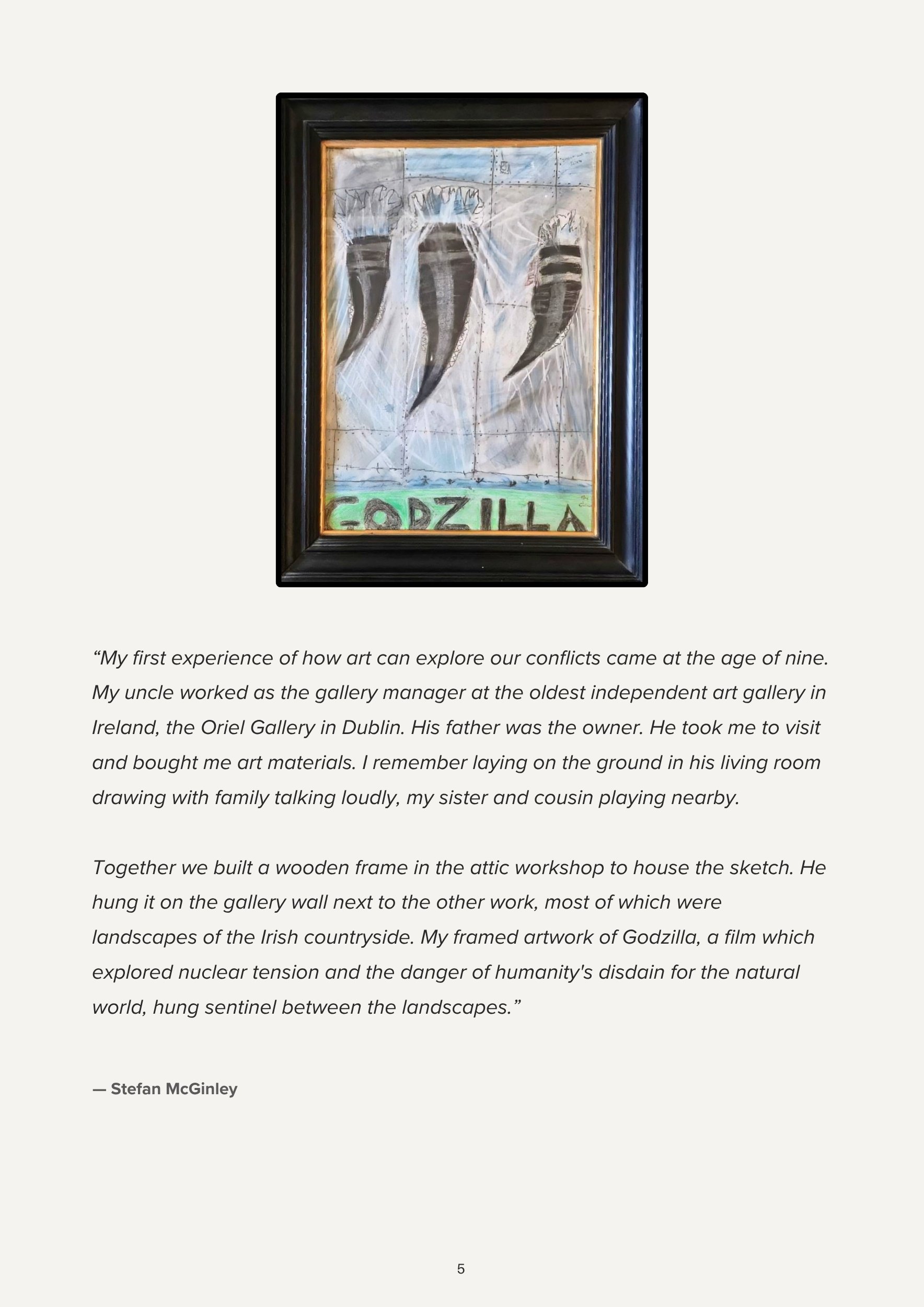 A framed artwork of three black, clawed footprints with blue tips, labeled 'GODZILLA' at the bottom, hanging on a gallery wall.