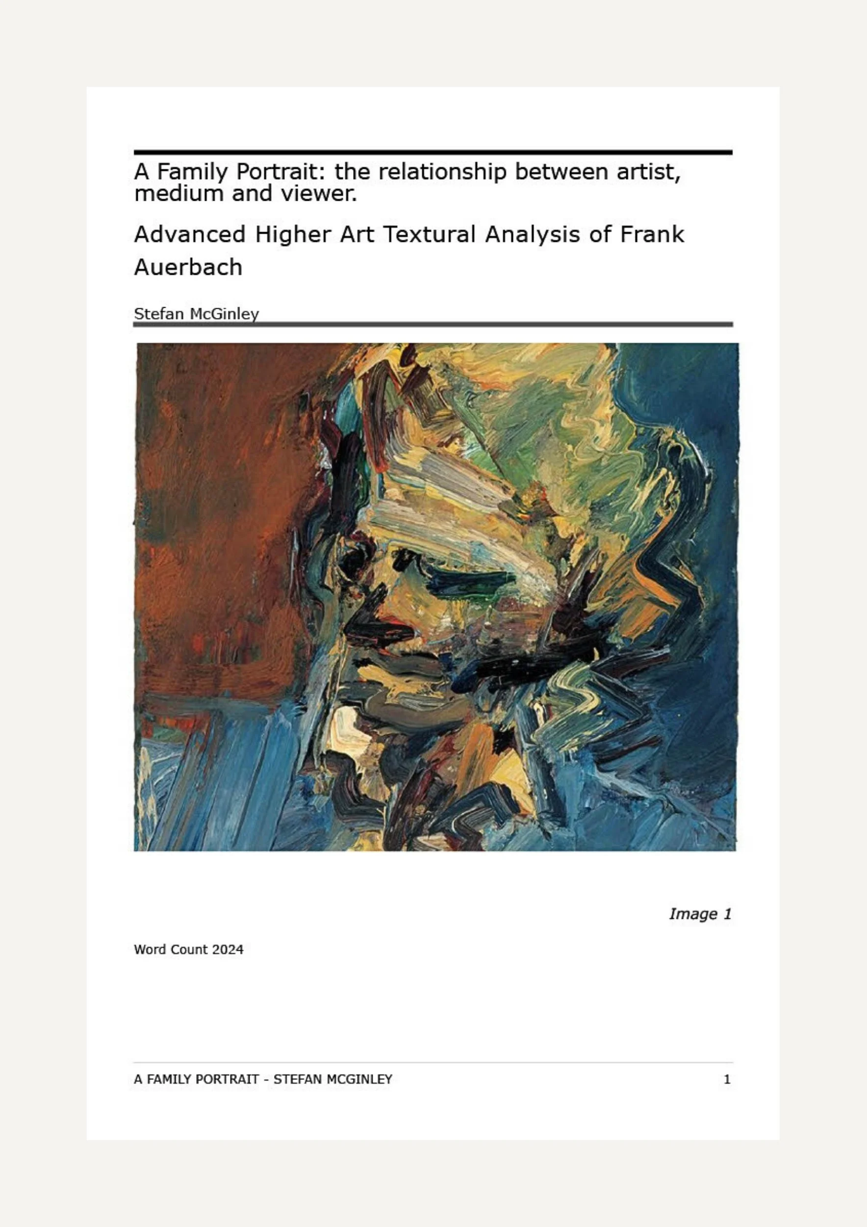 Cover page of a document titled "A Family Portrait: the relationship between artist, medium and viewer", by Stefan McGinley, featuring an abstract expressionist painting with bold brushstrokes in various colors, and text indicating it is a Word Count