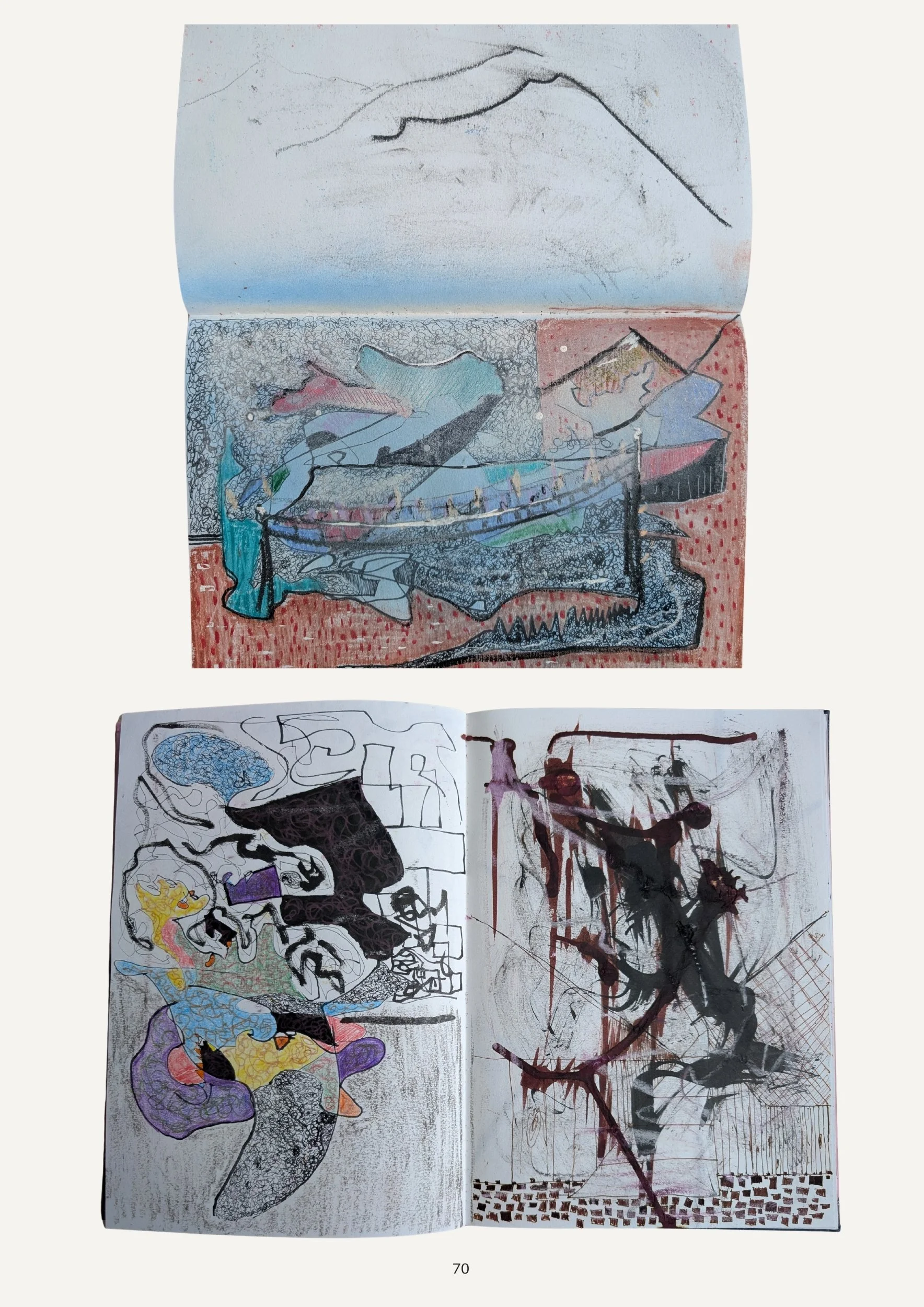 Two open sketchbooks displaying abstract, colorful drawings with various lines, shapes, and patterns.
