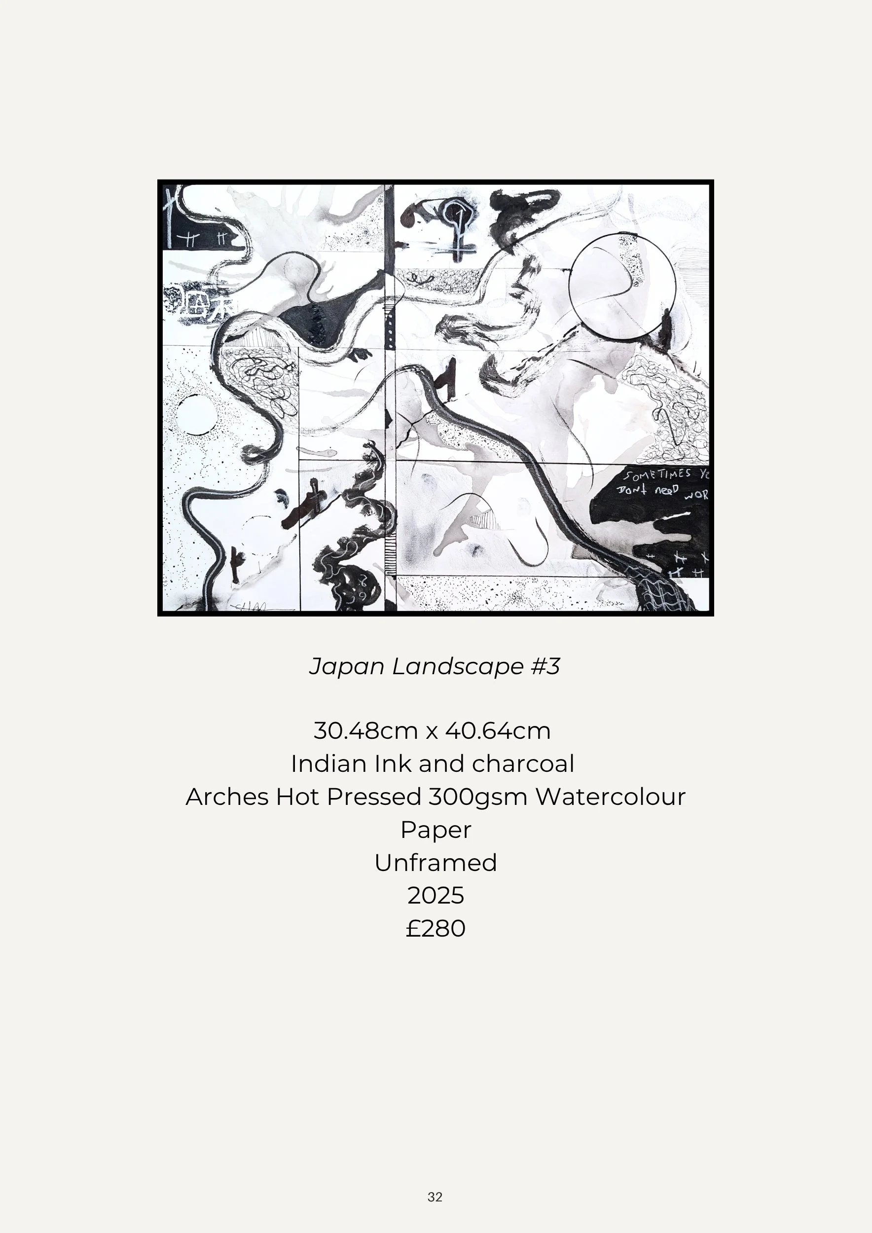 A black-and-white abstract watercolor artwork titled 'Japan Landscape #3'.