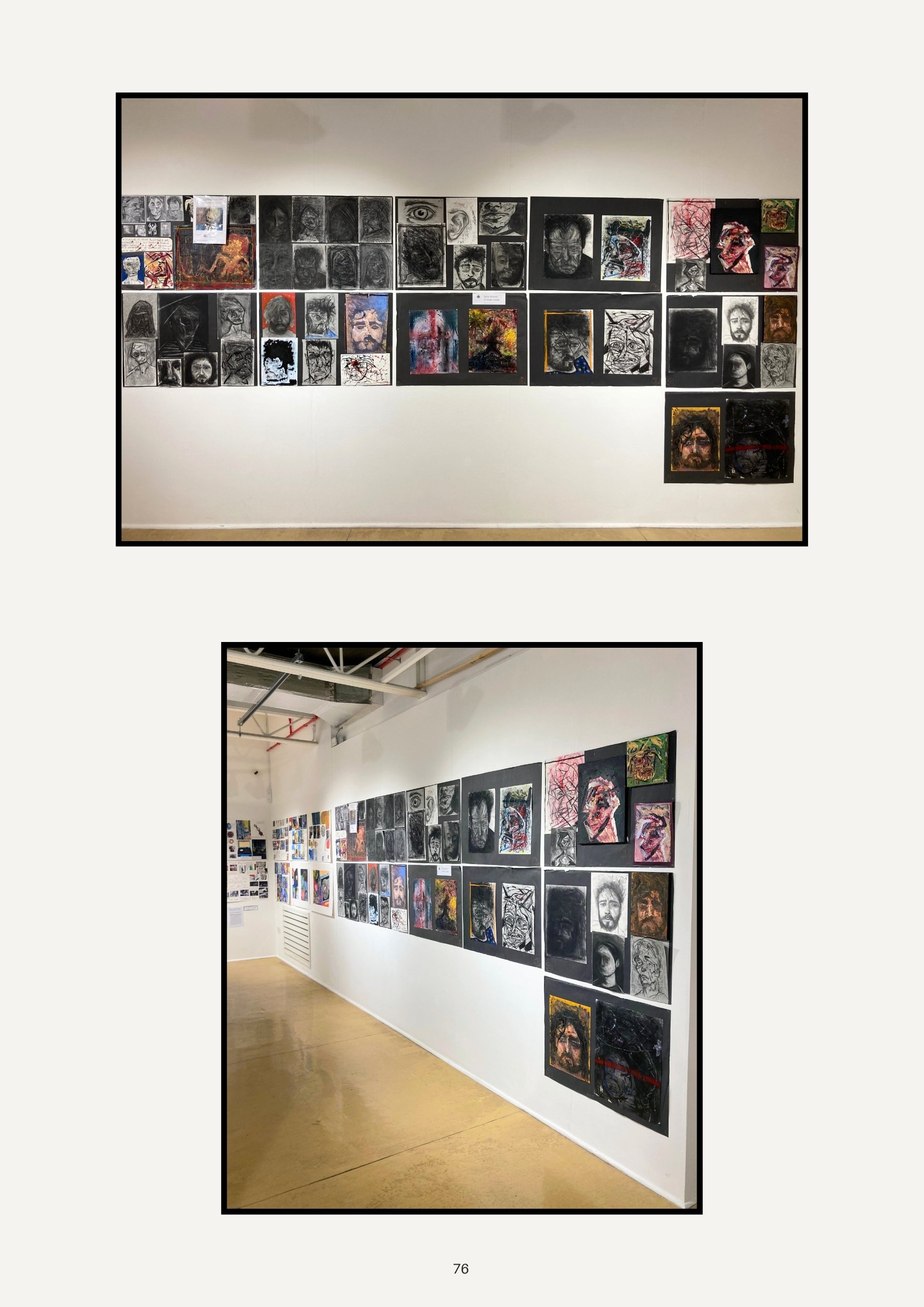 Gallery wall with numerous portrait sketches and colorful artwork arranged in rows, in an art exhibit space.