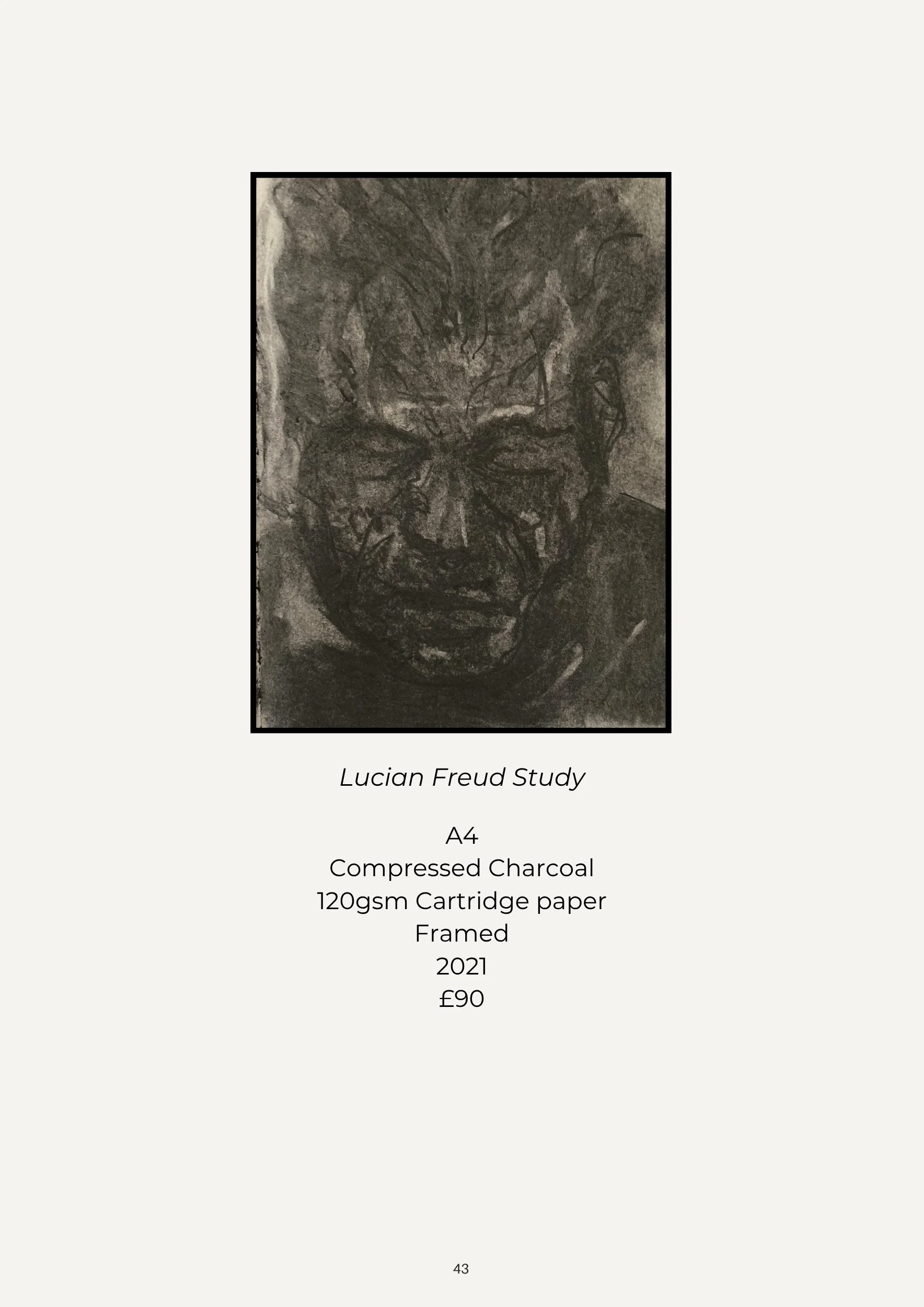 Cover page of a study on Lucian Freud, showing a charcoal drawing of a person's face, labeled as 'Lucian Freud Study'.