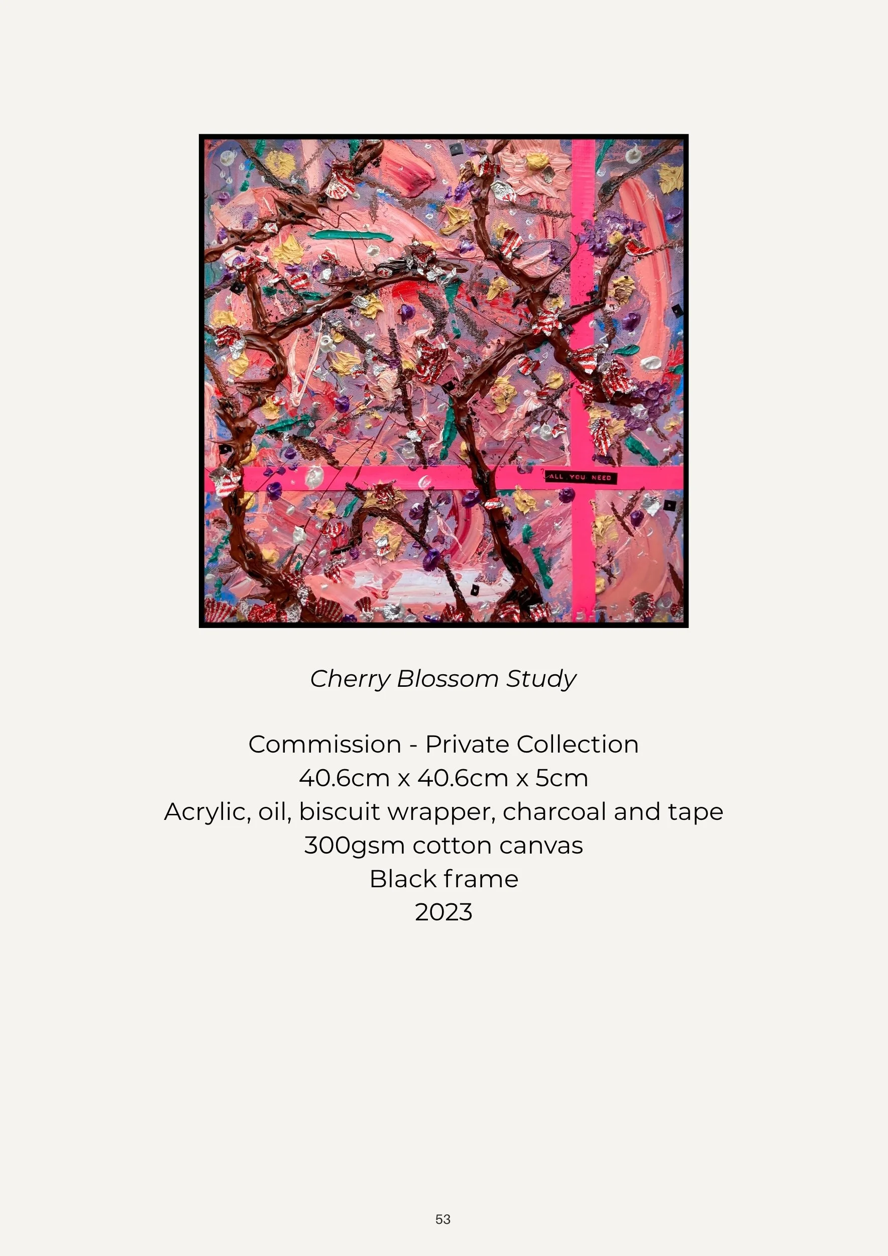 A colorful, textured abstract painting titled 'Cherry Blossom Study' featuring pink, purple, and brown hues with thick paint strokes, scraps of biscuit wrapper, charcoal, tape, and various mixed media elements on a canvas, bordered by a black frame.
