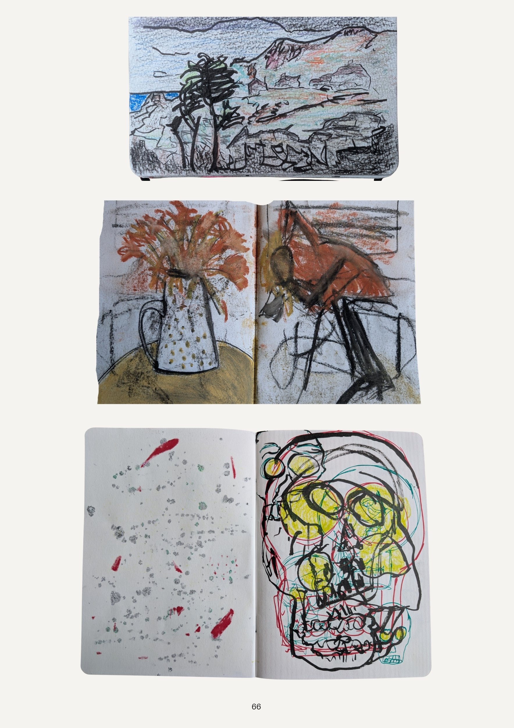 Four pieces of artwork created with various drawing and painting techniques. The top one depicts a landscape with rocks, trees, and mountains. The second shows a vase with flowers and a bicycle with orange flowers. The third is an abstract compositio