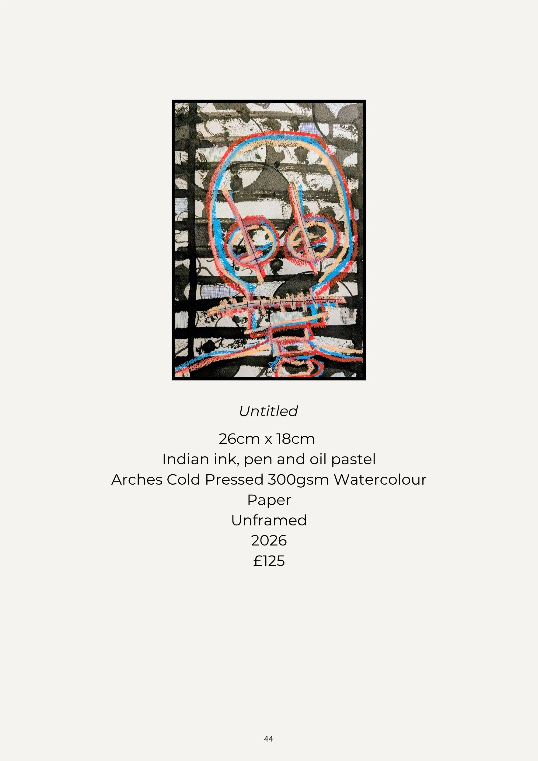 A stylized illustration of a human skull created with neon-like red, blue, and beige lines, set against a background of a black metal grid. The artwork appears to be a watercolor and ink drawing on paper.
