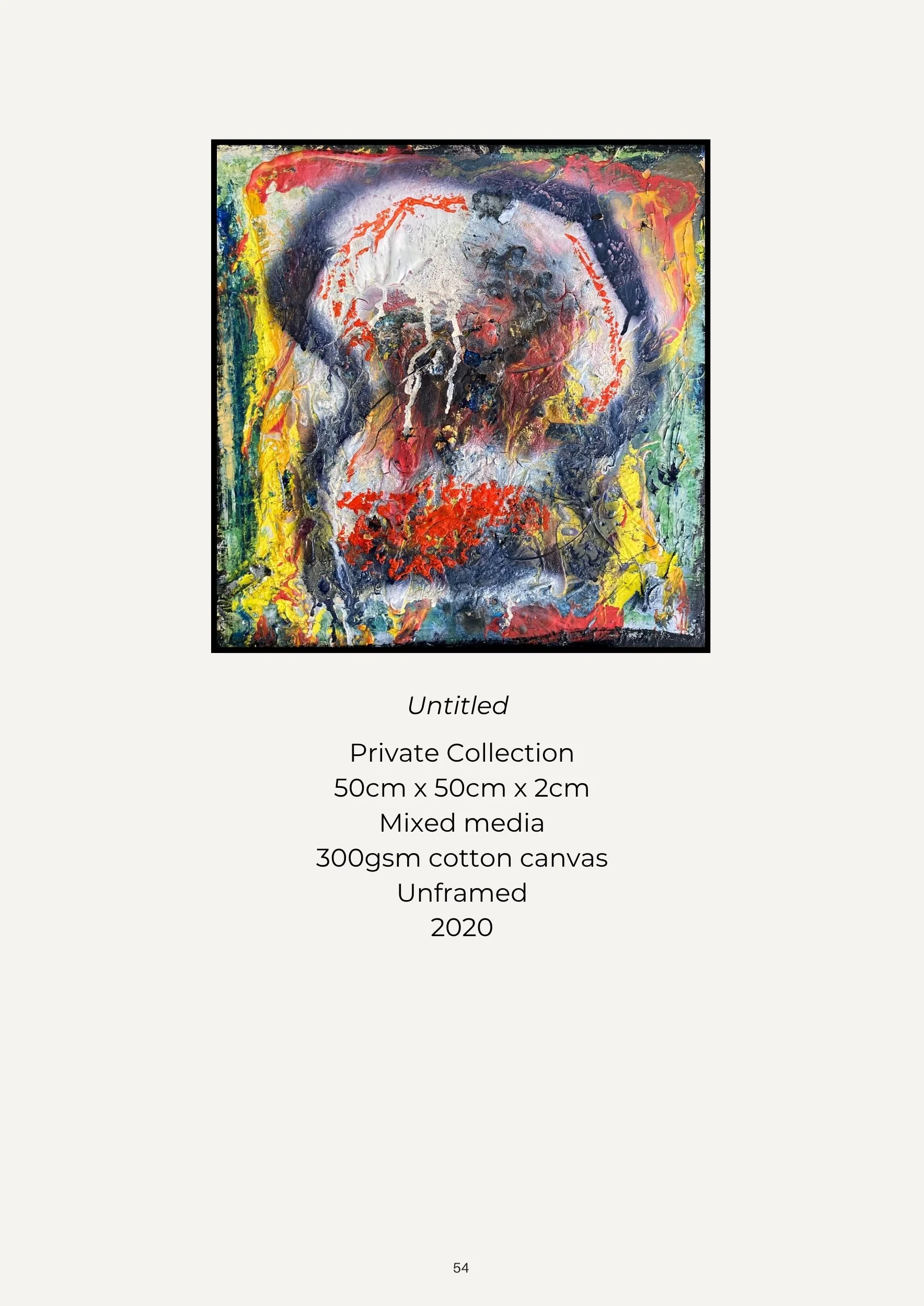 Abstract mixed media painting with vibrant colors and textured brushstrokes, predominantly featuring white, black, red, yellow, blue, and purple hues on a 50cm by 50cm canvas.