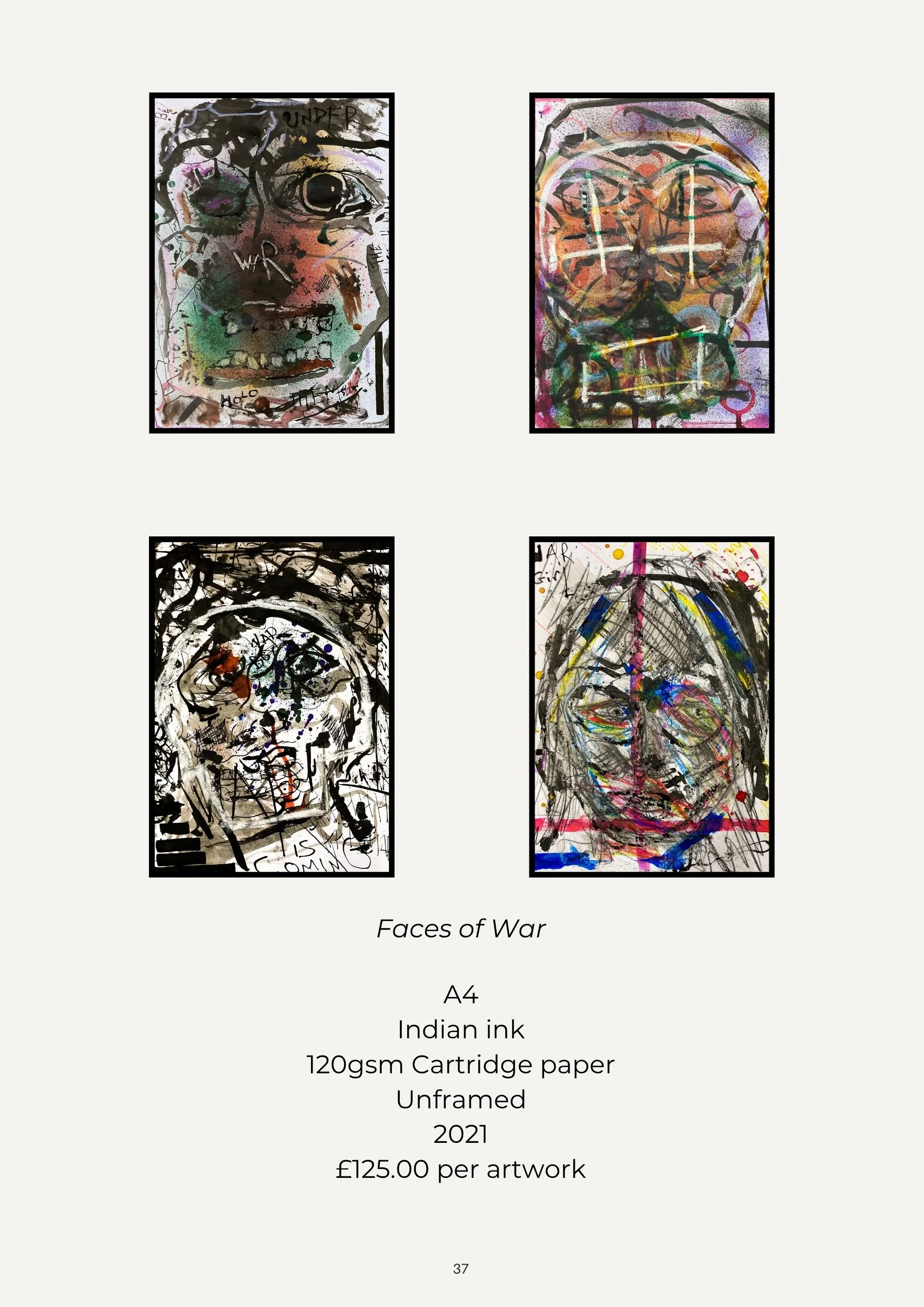Four abstract portrait artworks titled 'Faces of War' by an unframed artist, created with Indian ink and printed on 120gsm cartridge paper, released in 2021, each costing £125.00.