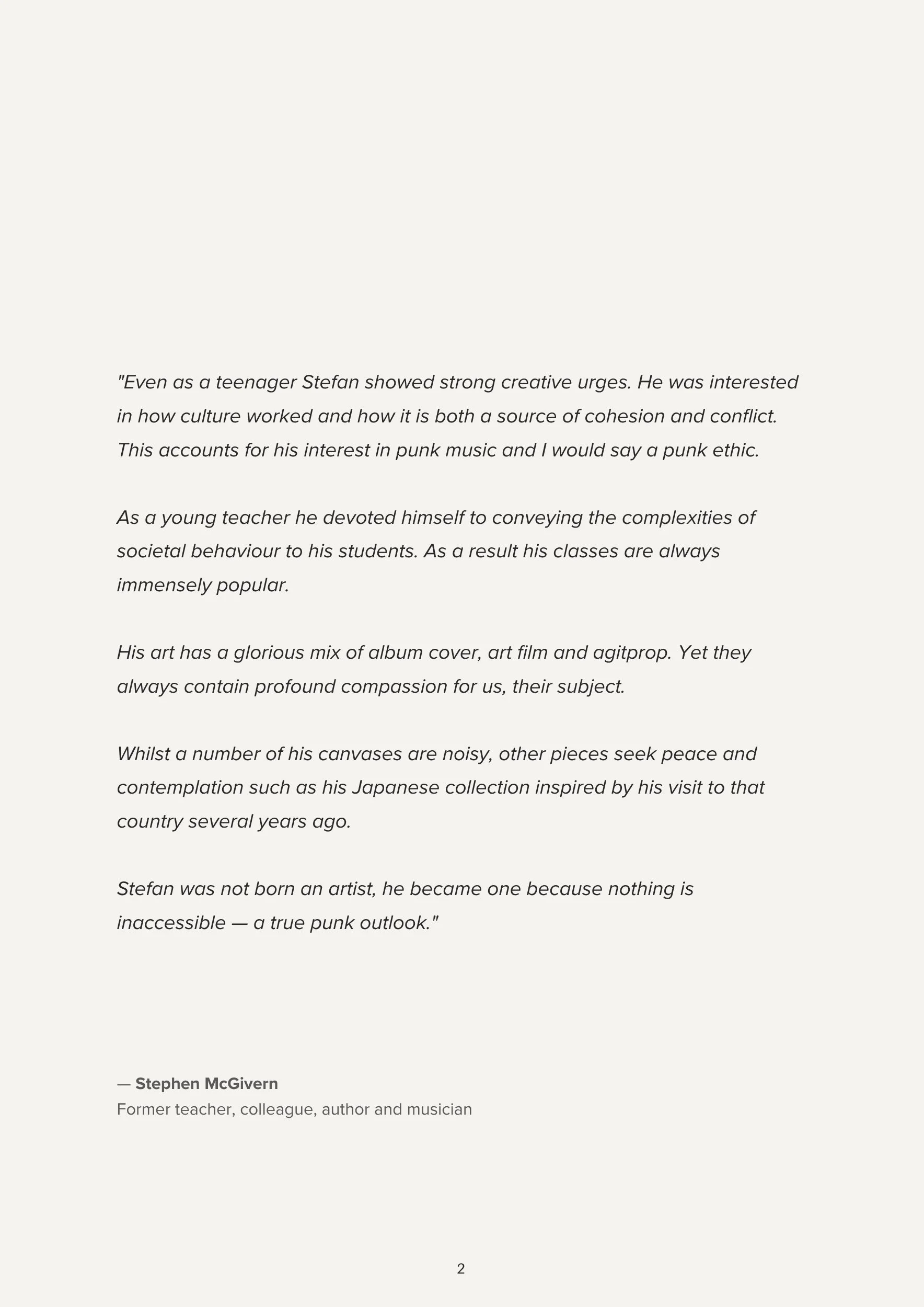A page of text with a quote and a biography about Stefan McGivern, describing his interests, artistic style, and background as a teacher, colleague, author, and musician.