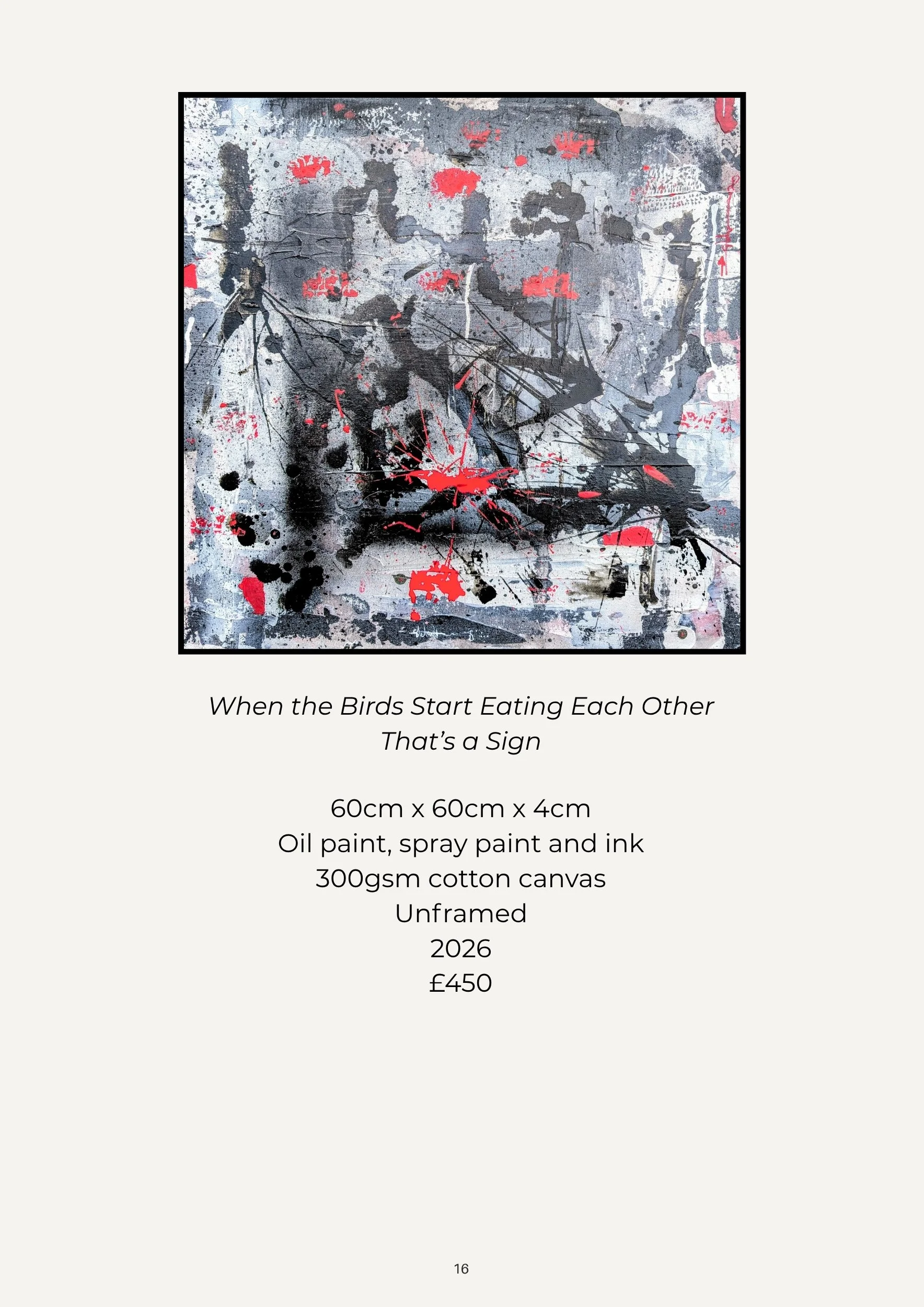 Abstract painting with black, white, gray, and red splatters and brush strokes, featuring silhouettes of birds and a person riding a bicycle.
