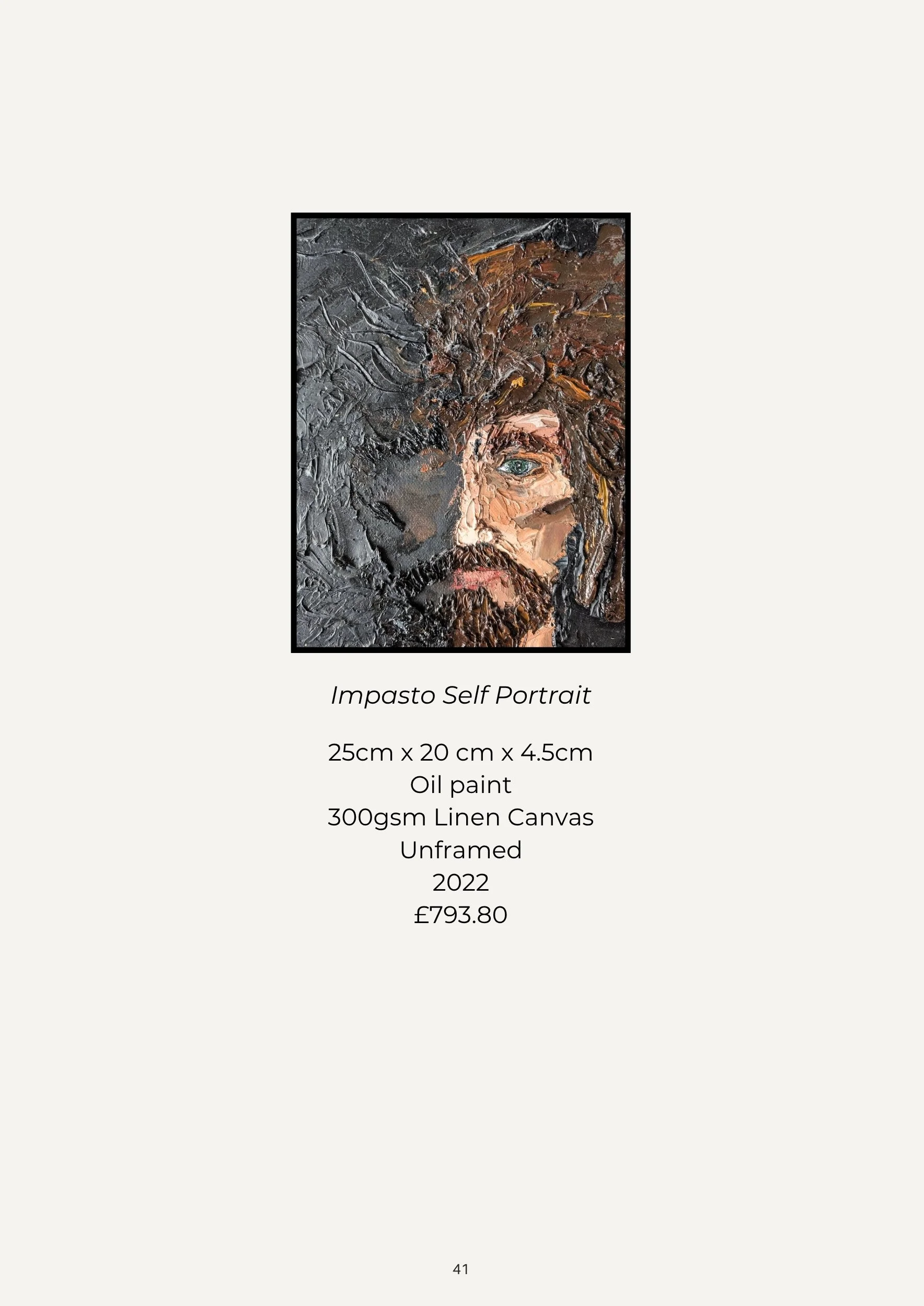 Digital image of an oil painting titled 'Impasto Self Portrait,' measuring 25cm by 20cm by 4.5cm, created with oil paint on 300gsm linen canvas in 2022, priced at £793.80.