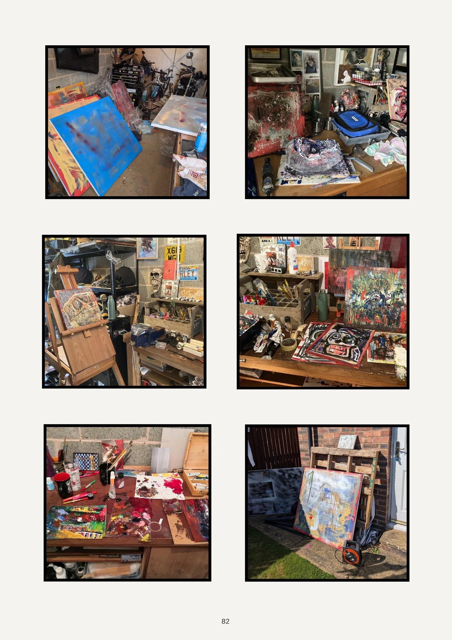 Six photos showing an artist's workspace and outdoor area with paintings, art supplies, and workbenches.