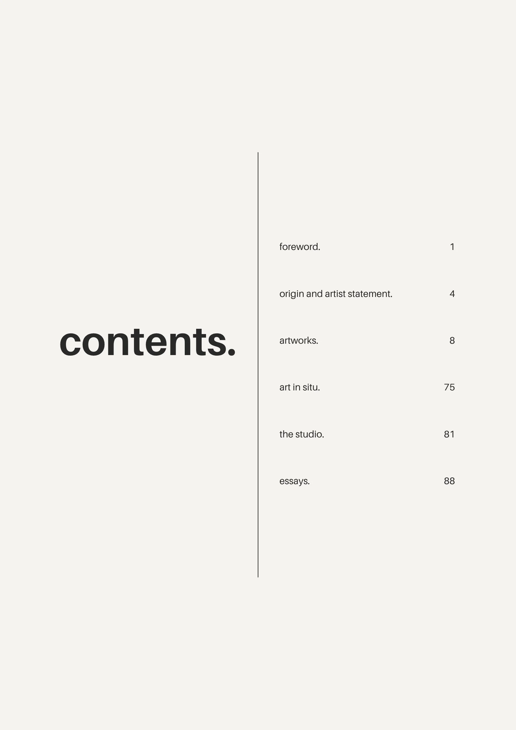 Table of contents for a book, listing sections like foreword, origin and artist statement, artworks, art in situ, the studio, and essays with respective page numbers.